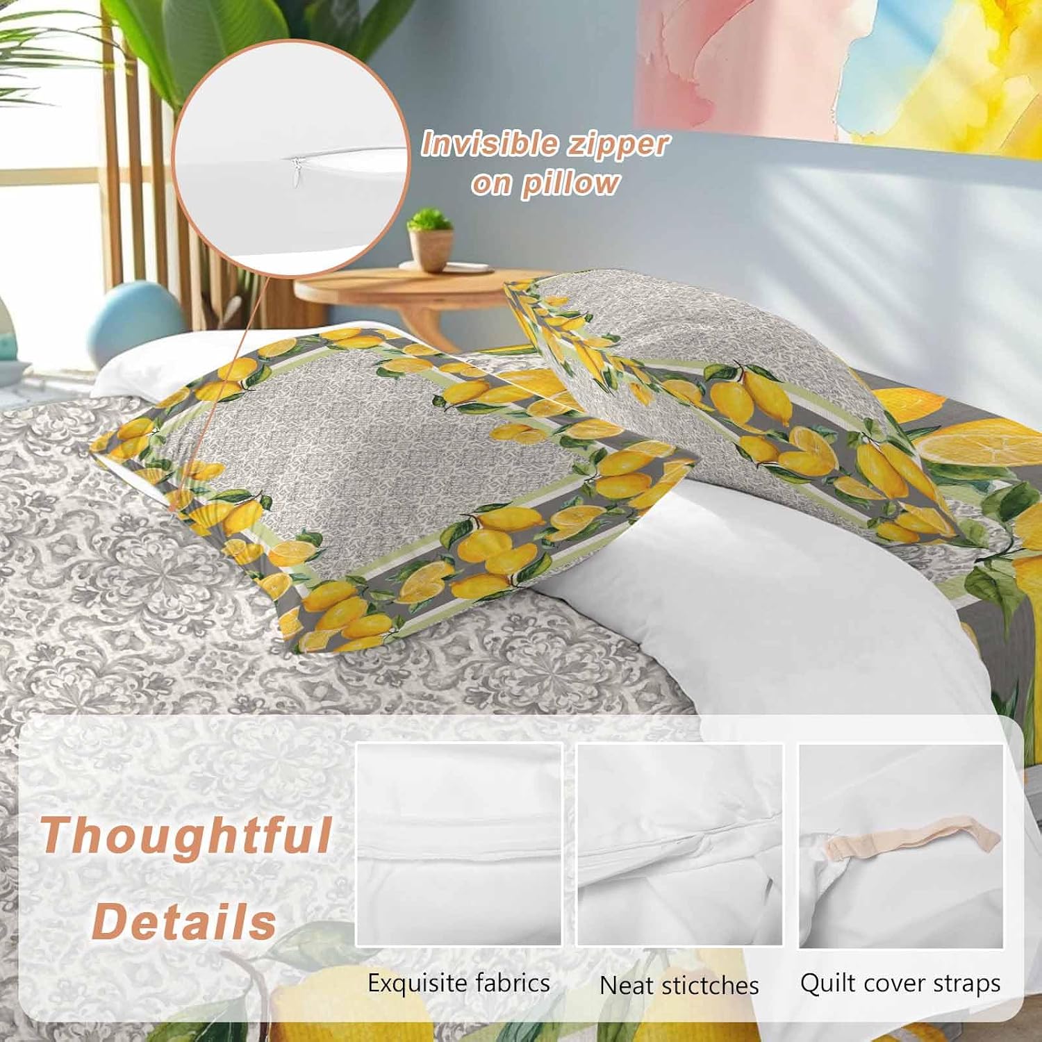 Yellow Lemon Duvet Cover Set Queen Size 4 Pieces Watercolor Fruit Farm Brown Flower Pattern Background Bedding Set with Zipper Closure, 1 Comforter Cover 90x92 Inches 1 Flat Sheet & 2 Pillow Cases