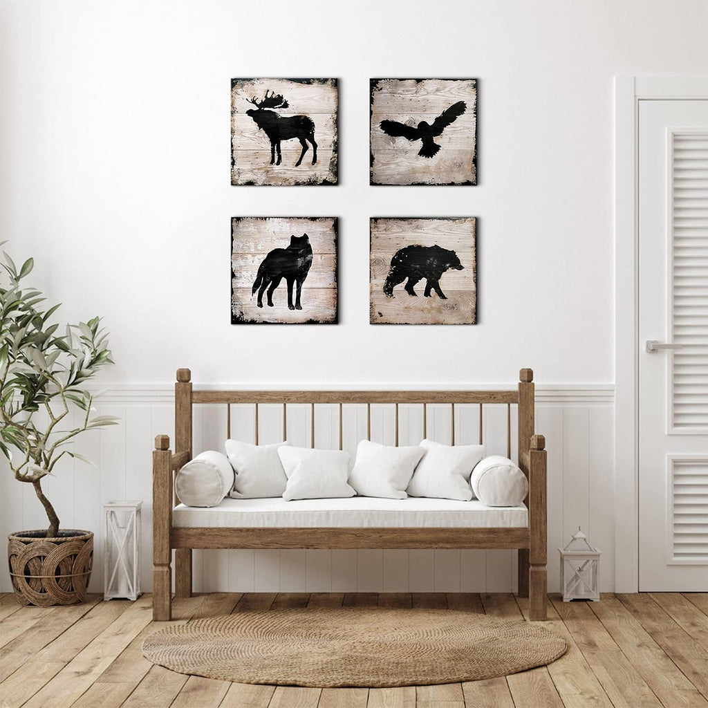 Wild Animal Silhouette Canvas Wall Art Decor Elk Wolf Bear Eagle Prints Painting 24 x 24 Inch Peeling Paint Wood Texture Background for Bathroom Living Room Decoration Kids Nursery set of 4 Panels