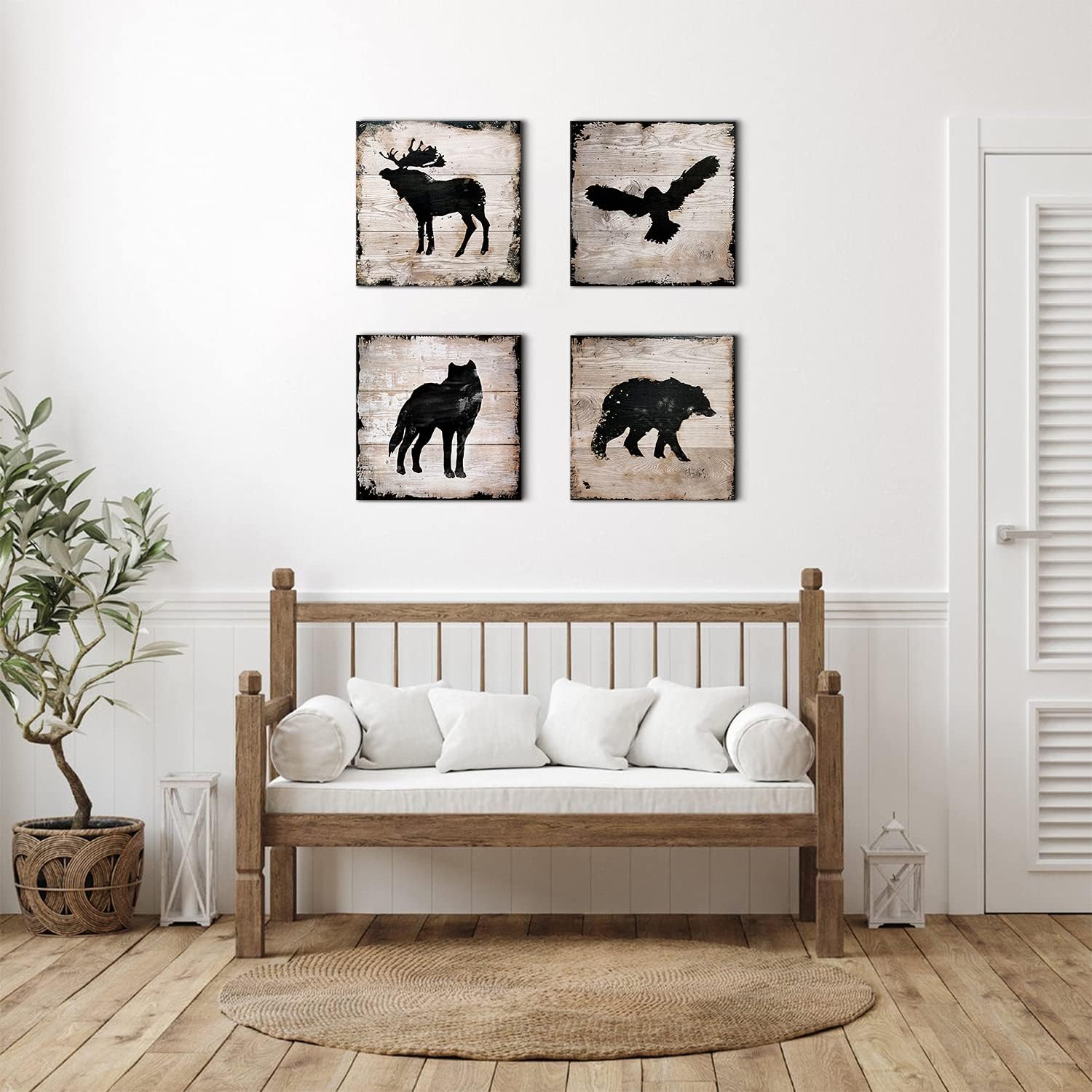Wild Animal Silhouette Canvas Wall Art Decor Elk Wolf Bear Eagle Prints Painting 24 x 24 Inch Peeling Paint Wood Texture Background for Bathroom Living Room Decoration Kids Nursery set of 4 Panels