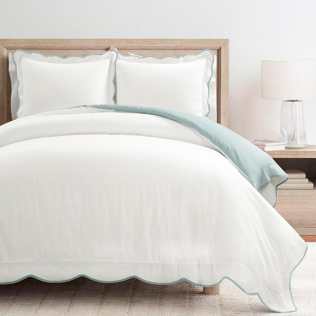 Lush Decor Coastal Chic Scalloped Edge Cotton Duvet Cover Set, 3 Piece Set, Full/Queen, Blue & White - Queen Bedding Set - White Duvet Cover Queen - Coastal Decor