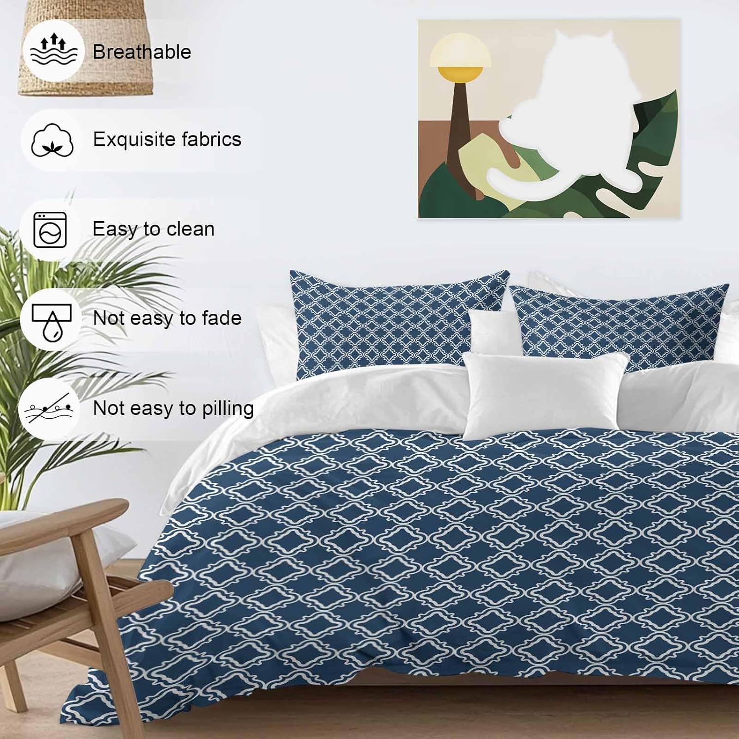 Prime Leader Blue White Plaid Duvet Cover Set Queen Size 4 Pieces Abstract Blue Morocco Texture Bedding Set with Zipper Closure, 1 Comforter Cover 90x92 Inches 1 Flat Sheet & 2 Pillow Cases