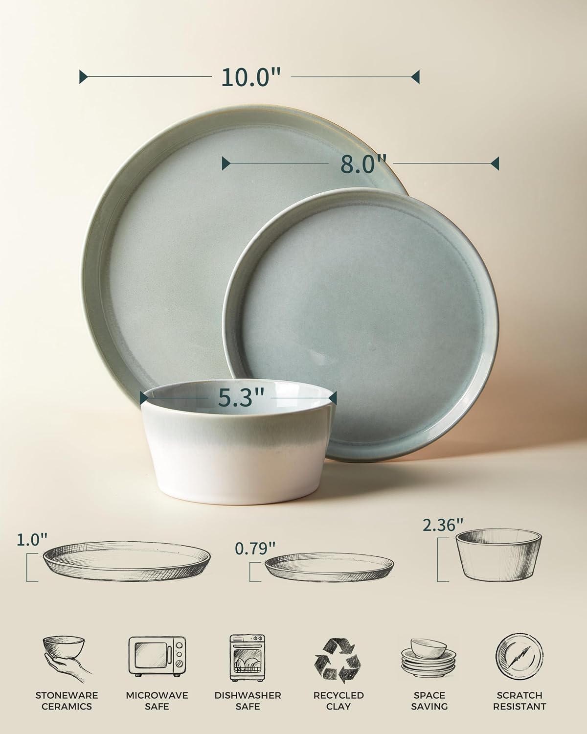 Pokini Dinnerware Sets for 8, Ceramic Plates and Bowls Set, Modern Artisan Dish Set, Microwave & Dishwasher Safe Dishware Set, Chip & Scratch Resistant Dinner Sets, Gradient Green