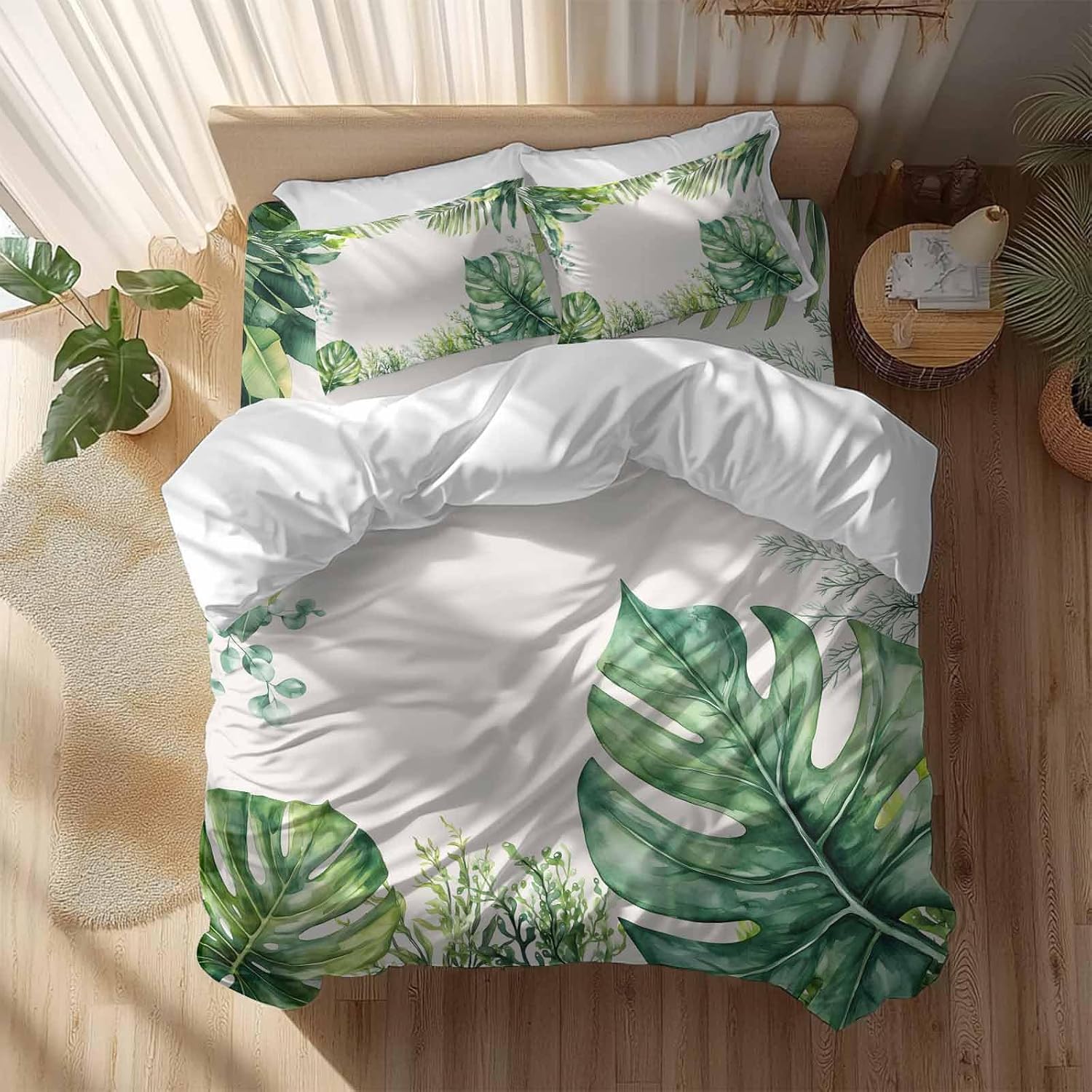 Tropical Leaf Duvet Cover Set Queen Size 4 Pieces Palms Monstera Leaves Green Plant Botanical Bedding Set with Zipper Closure, 1 Comforter Cover 86x86 Inches 1 Flat Sheet & 2 Pillow Cases