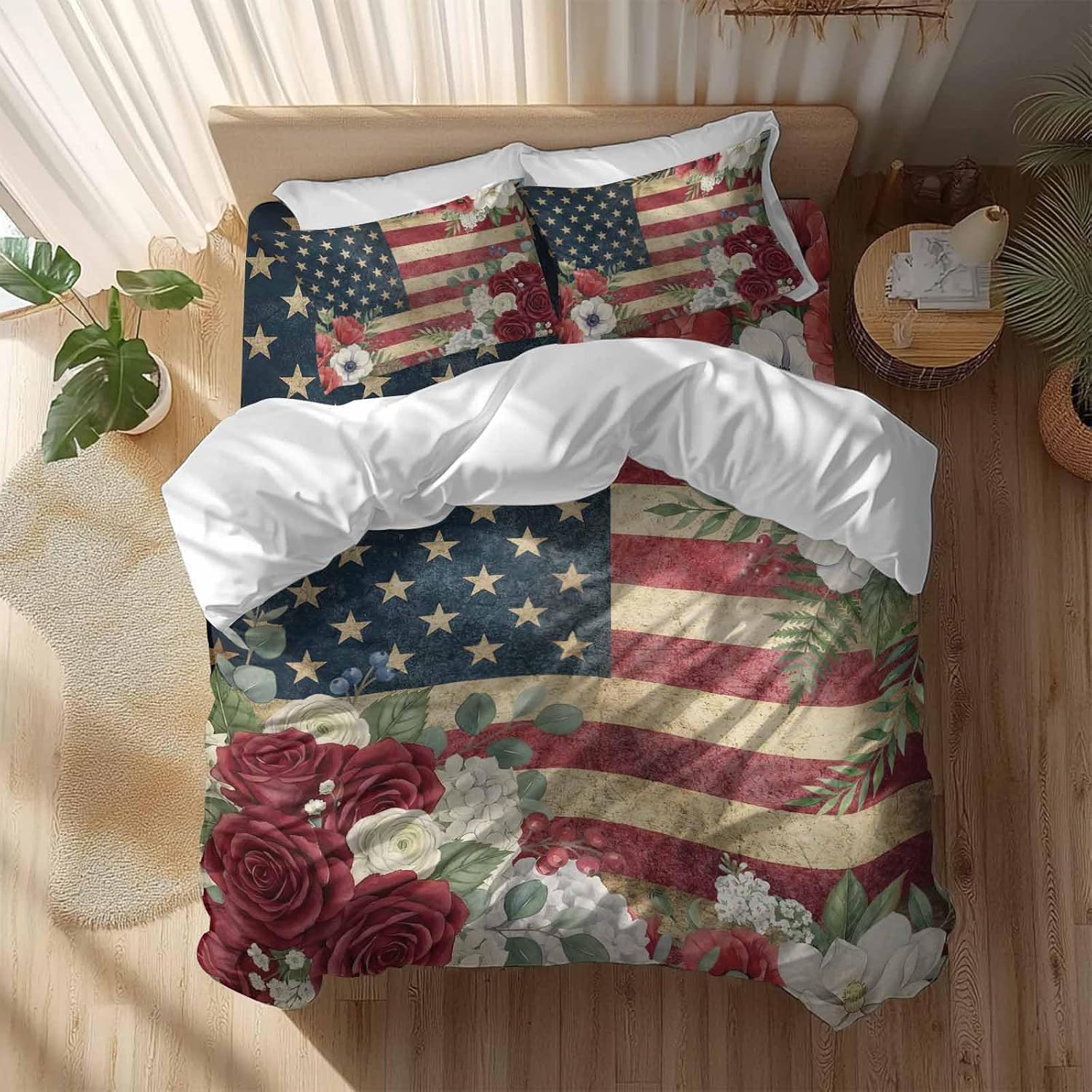 4th of July Duvet Cover Set Queen Size 4 Pieces Patriotic USA Flag Stars Red Flowers Leaf Rustic Bedding Set with Zipper Closure, 1 Comforter Cover 92x106 Inches 1 Flat Sheet & 2 Pillow Cases