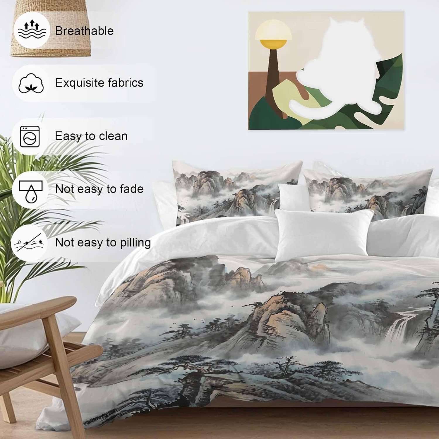 Prime Leader Mountain Cloud Duvet Cover Set Queen Size 4 Pieces Tree Water Ink Painting Chinese Wind Bedding Set with Zipper Closure, 1 Comforter Cover 92x106 Inches 1 Flat Sheet & 2 Pillow Cases
