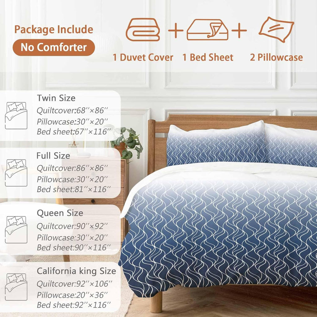 Prime Leader Gradient Navy Blue Duvet Cover Set Queen Size 4 Pieces Abstract Morocco Blue Curved Lines Bedding Set with Zipper Closure, 1 Comforter Cover 90x92 Inches 1 Flat Sheet & 2 Pillow Cases