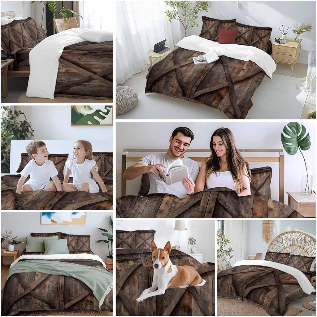 Farmhouse Duvet Cover Set Queen Size 4 Pieces Brown Country Style Barn Door Distressed Wood Grain Bedding Set with Zipper Closure, 1 Comforter Cover 90x92 Inches 1 Flat Sheet & 2 Pillow Cases