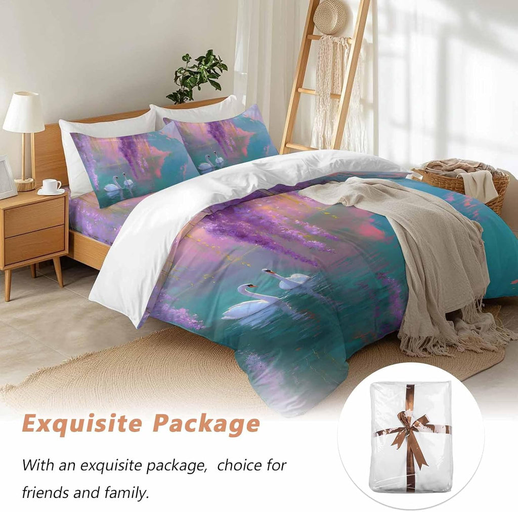 Swan Duvet Cover Set Queen Size 4 Pieces Oil Painting Spring Wisteria Gradient Pink Green Lake Bedding Set with Zipper Closure, 1 Comforter Cover 90x92 Inches 1 Flat Sheet & 2 Pillow Cases