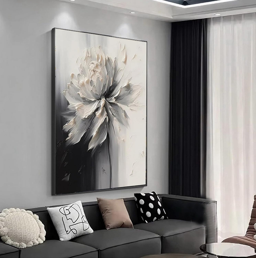 Hand Painted White And Black Flower Canvas Wall Art for Living Room,Large Framed Floral Oil Painting for Bedroom, Modern 3D Floral Artwork Wall Decor for Office Home Decor 28' x 40'