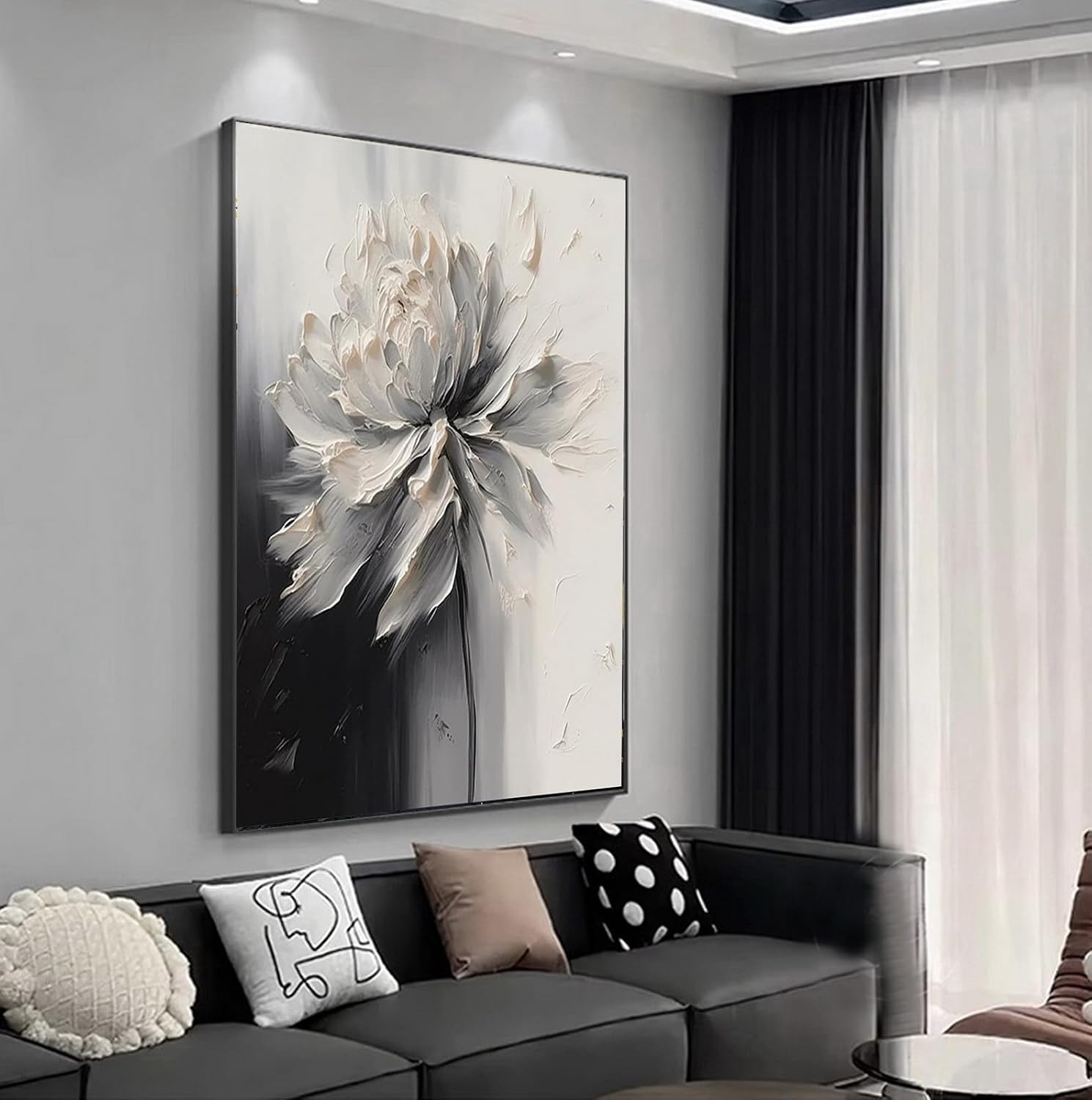 Hand Painted White And Black Flower Canvas Wall Art for Living Room,Large Framed Floral Oil Painting for Bedroom, Modern 3D Floral Artwork Wall Decor for Office Home Decor 28' x 40'