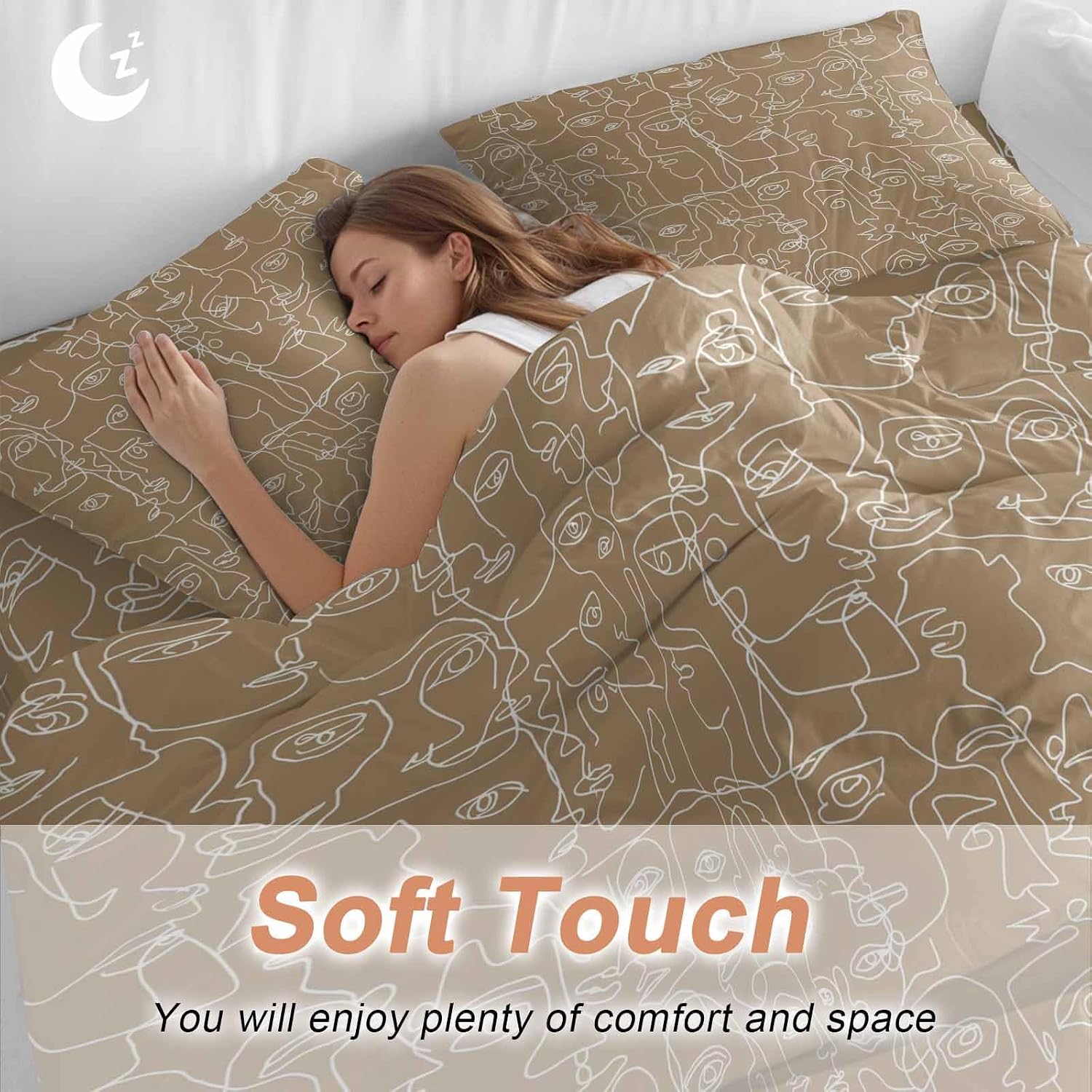 Brown Modern Art Duvet Cover Set Queen Size 4 Pieces White Abstract Line Human Face Minimalist Bedding Set with Zipper Closure, 1 Comforter Cover 92x106 Inches 1 Flat Sheet & 2 Pillow Cases