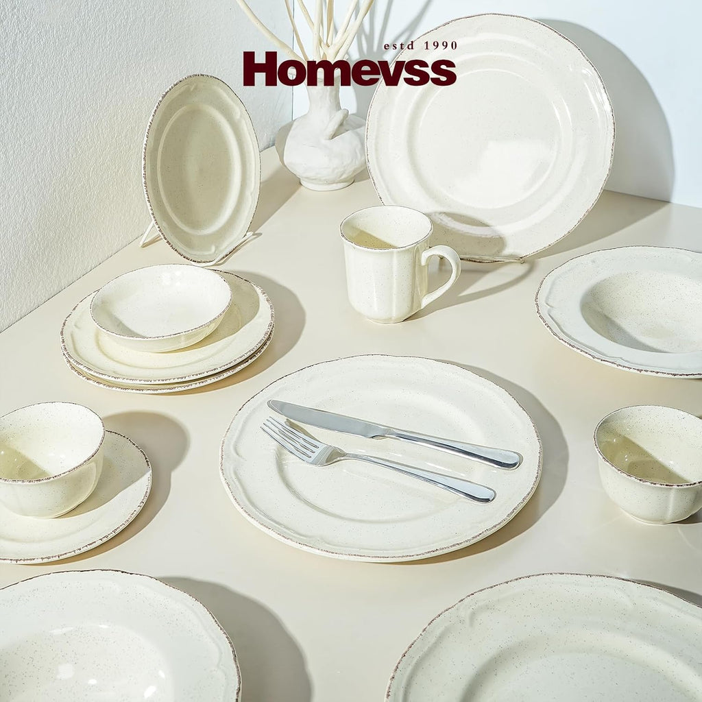 56pc Dinnerware Set, Plate and Bowl Set, Stoneware Dishes Set for 8, Microwave and Dishwahser Safe, Scratch Resistant, French Countryside Speckled Antique Cream