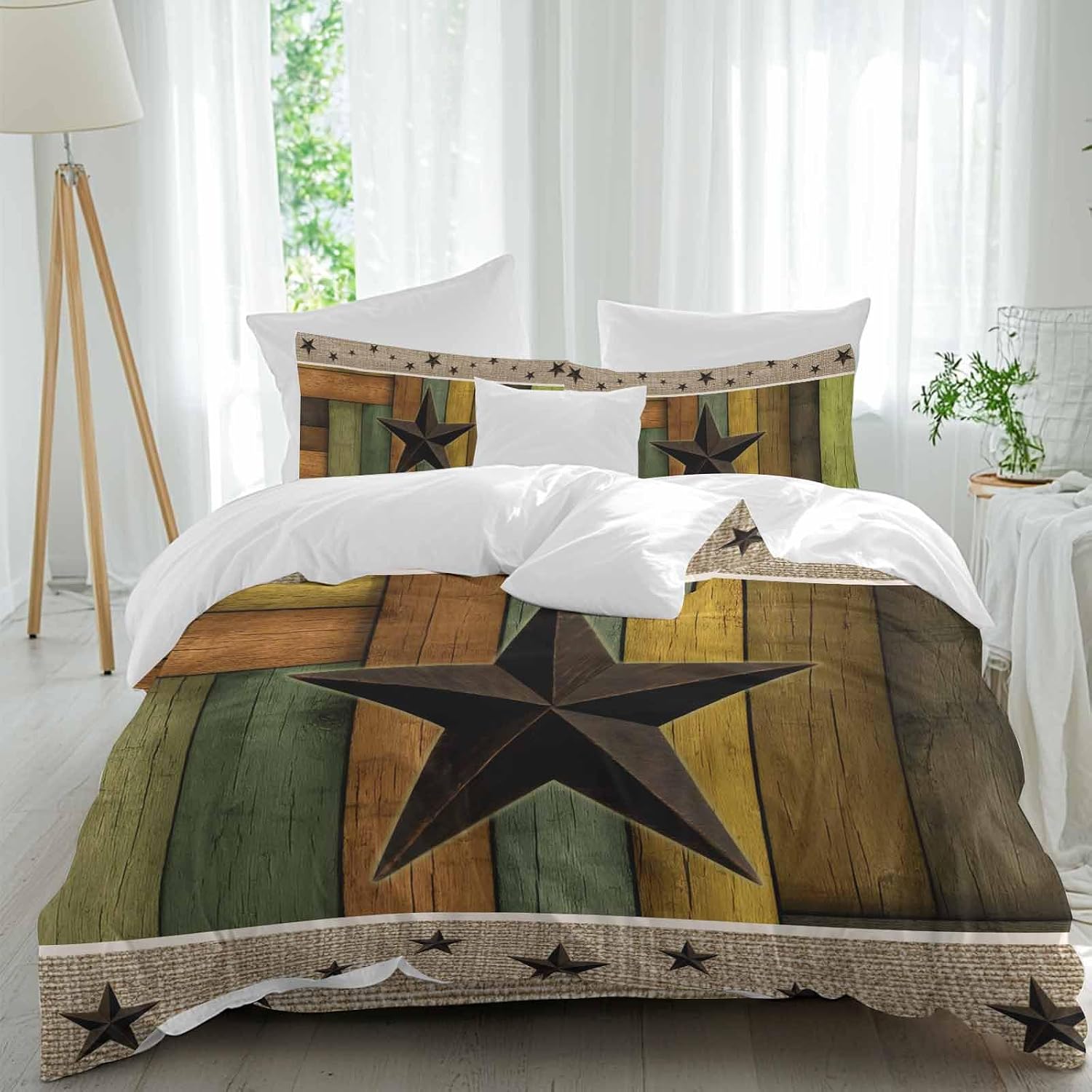 Texas Star Duvet Cover Set Queen Size 4 Pieces Retro Chic Western Texas Star Pattern Wooden Grain Bedding Set with Zipper Closure, 1 Comforter Cover 86x86 Inches 1 Flat Sheet & 2 Pillow Cases