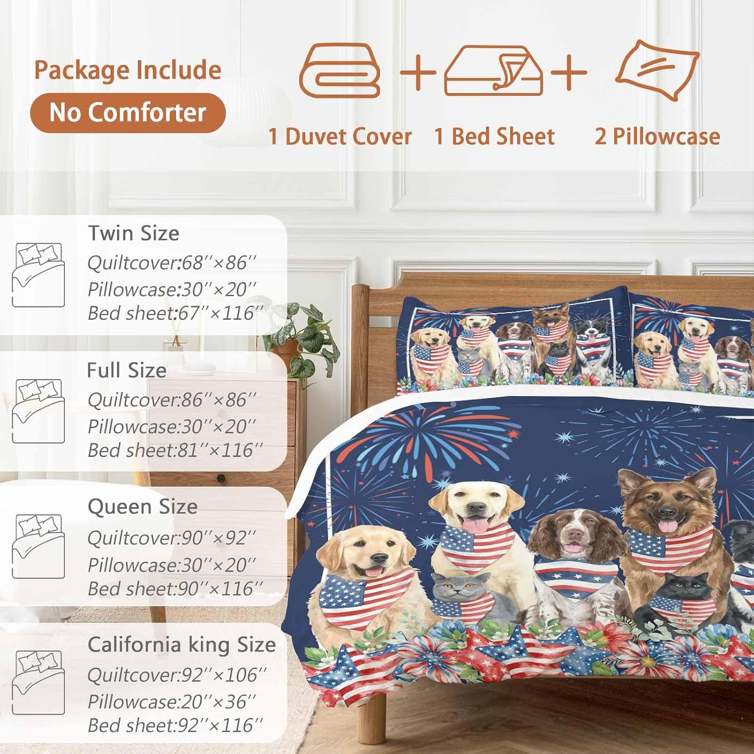 Independence Day Dog Cat Duvet Cover Set Queen Size 4 Pieces Watercolor Red Blue Stripe Star Flag Firework Blue Bedding Set with Zipper Closure,1 Comforter Cover 86x86 Inch 1 Flat Sheet&2 Pillow Cases