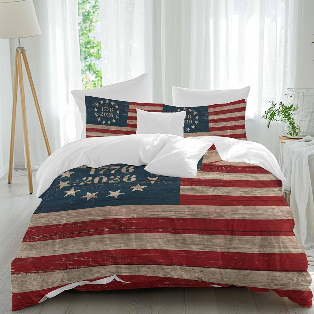 Independence Day Duvet Cover Set Queen Size 4 Pieces Retro American Flag Patriotic Red Blue Stripe Star Bedding Set with Zipper Closure, 1 Comforter Cover 90x92 Inches 1 Flat Sheet & 2 Pillow Cases