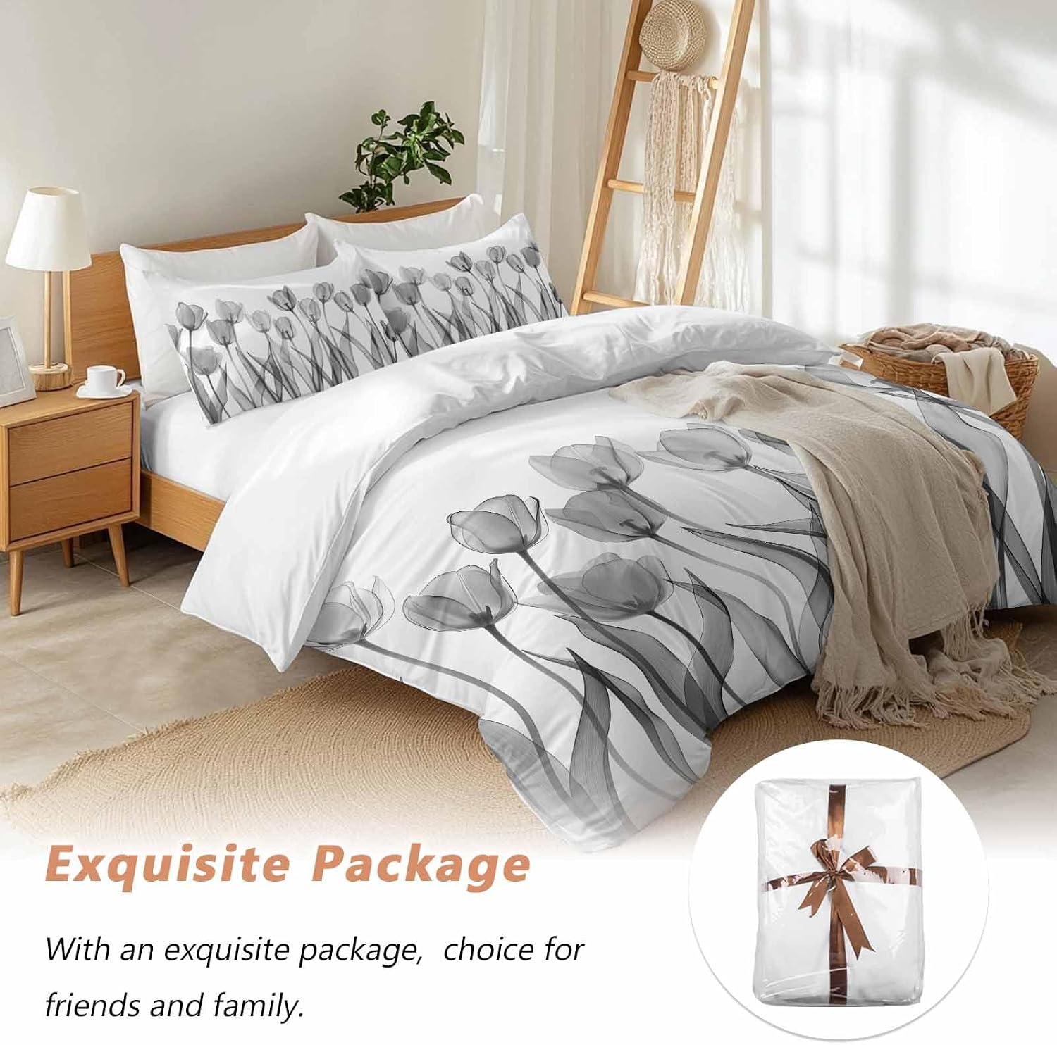 Prime Leader Spring Floral Duvet Cover Set Queen Size 4 Pieces Watercolor Black Tulip Flowers Pattern Bedding Set with Zipper Closure, 1 Comforter Cover 92x106 Inches 1 Flat Sheet & 2 Pillow Cases