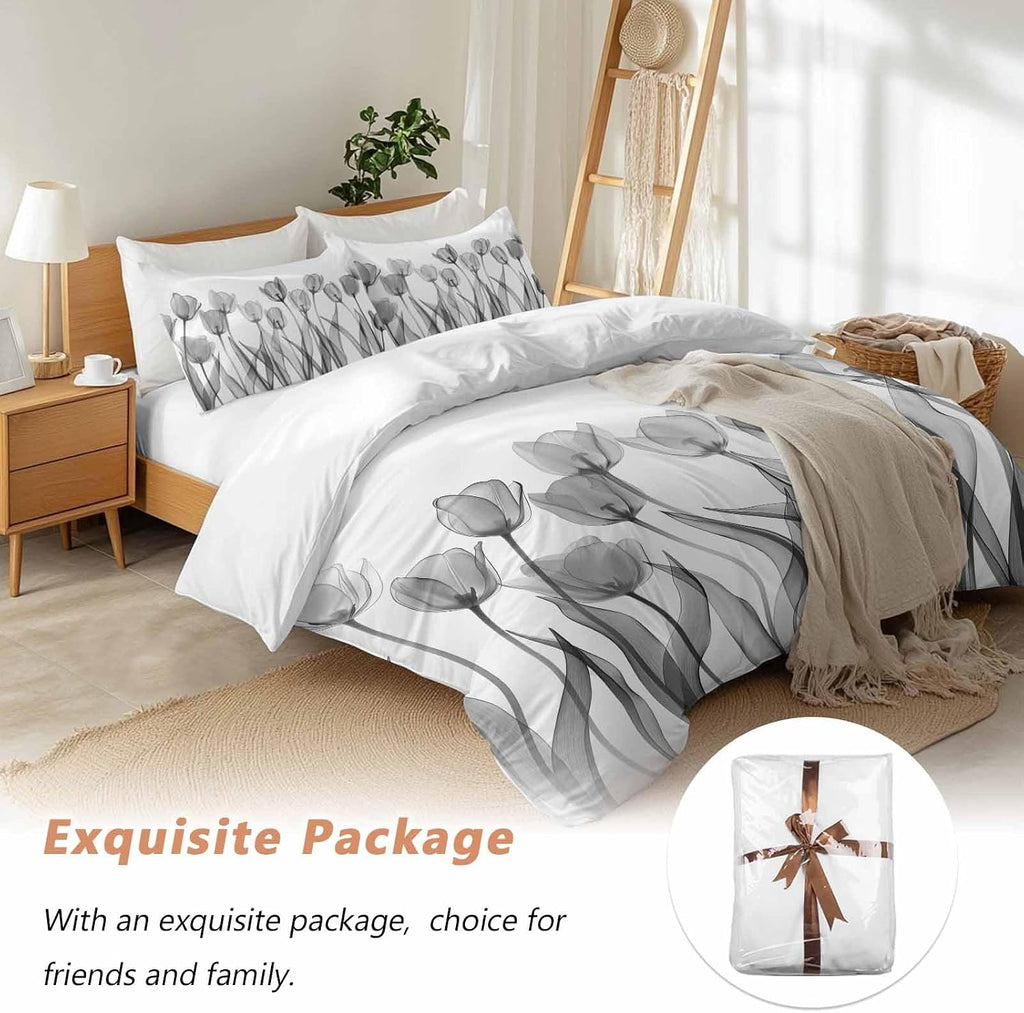 Prime Leader Spring Floral Duvet Cover Set Queen Size 4 Pieces Watercolor Black Tulip Flowers Pattern Bedding Set with Zipper Closure, 1 Comforter Cover 90x92 Inches 1 Flat Sheet & 2 Pillow Cases