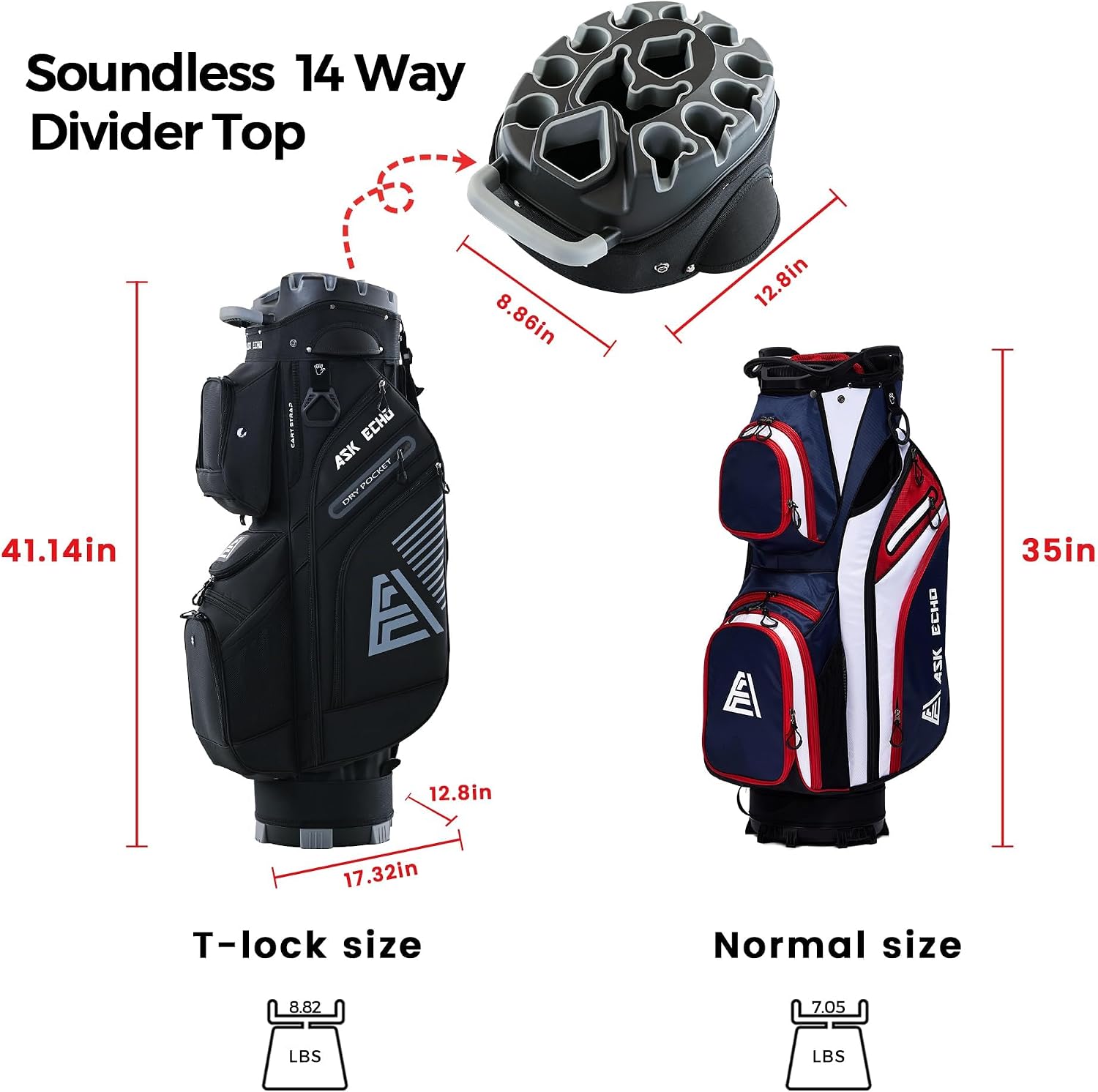 ASK ECHO T-Lock Golf Cart Bag with 14 Way Organizer Divider Top, Premium Cart Bag with Handles and Rain Cover, for Men