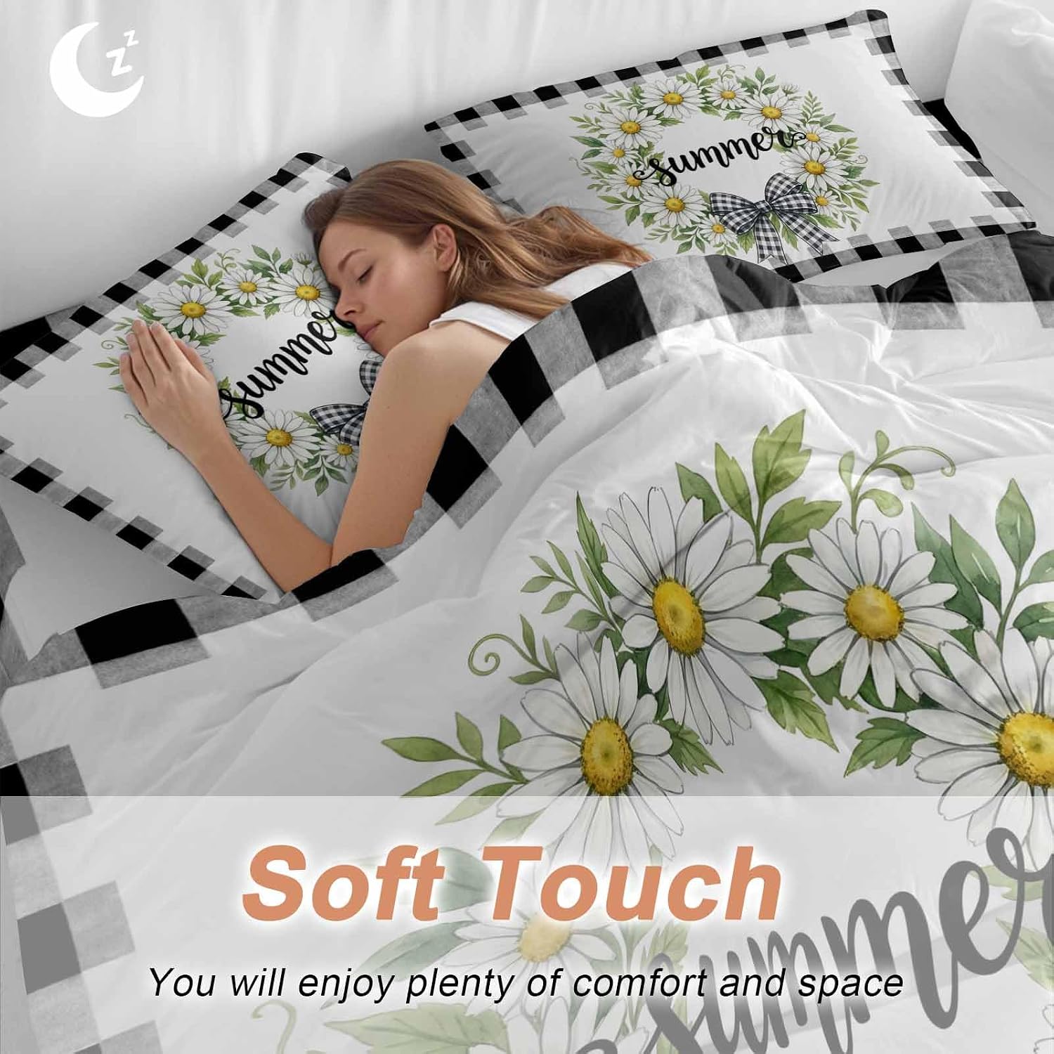 Prime Leader White Flowers Duvet Cover Set Queen Size 4 Pieces Daisy Plaid Bow Green Leaf Summer Striped Bedding Set with Zipper Closure, 1 Comforter Cover 90x92 Inches 1 Flat Sheet & 2 Pillow Cases