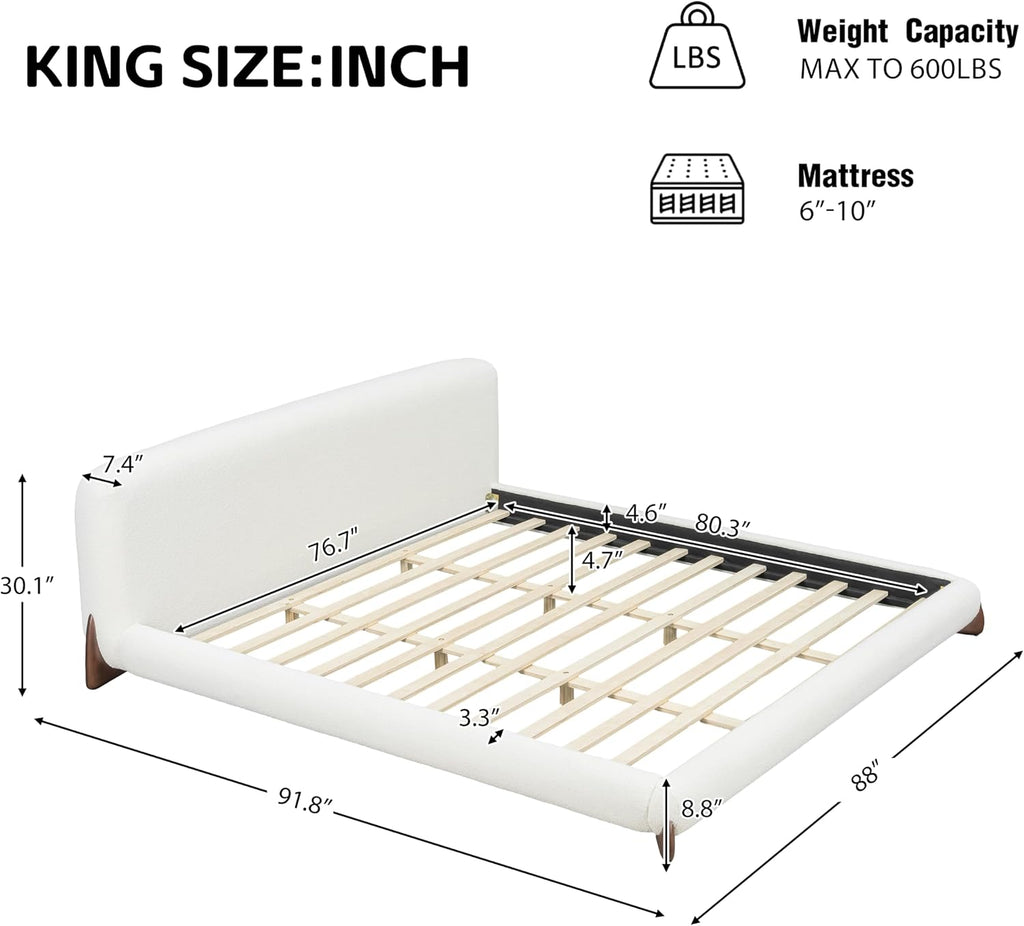 Christopher Knight Home Salden King Size Platform Bed Frame, Boucle Fabric King Size Bed Frame and Headboard, Modern King Bed Set, Wooden Slat Support, No Box Spring Needed, Easy Assembly, White