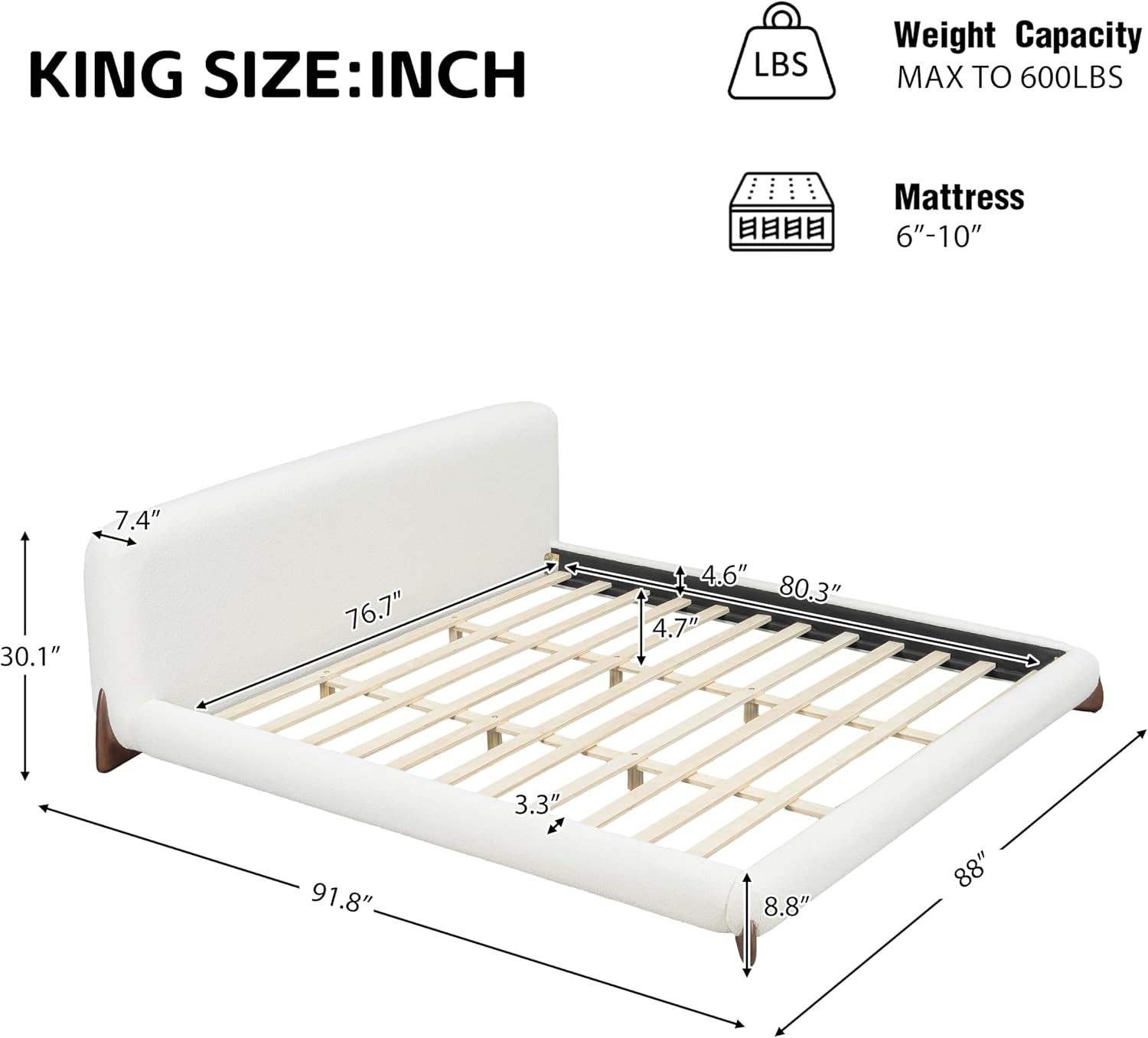 Christopher Knight Home Salden King Size Platform Bed Frame, Boucle Fabric King Size Bed Frame and Headboard, Modern King Bed Set, Wooden Slat Support, No Box Spring Needed, Easy Assembly, White