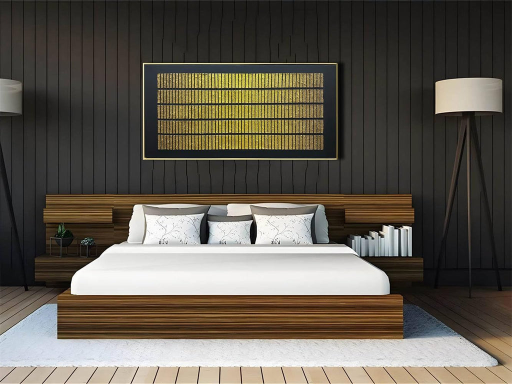zoinart Black and Gold Textured Wall Art with Dense Golden Array Blocks, 24x48 inch Contemporary Minimalist Gold Framed Artwork Wall 24x48 Inch Metal Wall Art