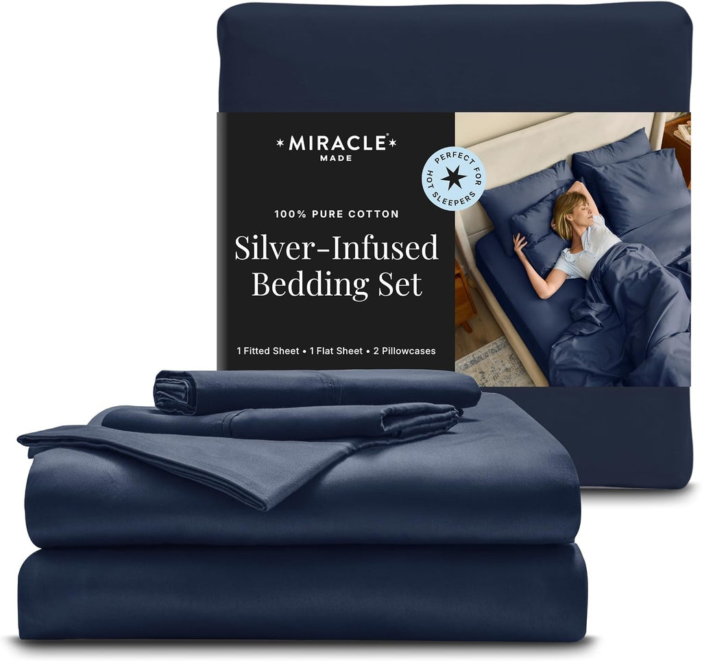 Miracle Made Extra Luxe Soft, Cool-to-the-Touch Cotton Bed Sheet Set, 4-Piece – Silver-Treated, Breathable, Lightweight Bedding – Queen Size, Navy