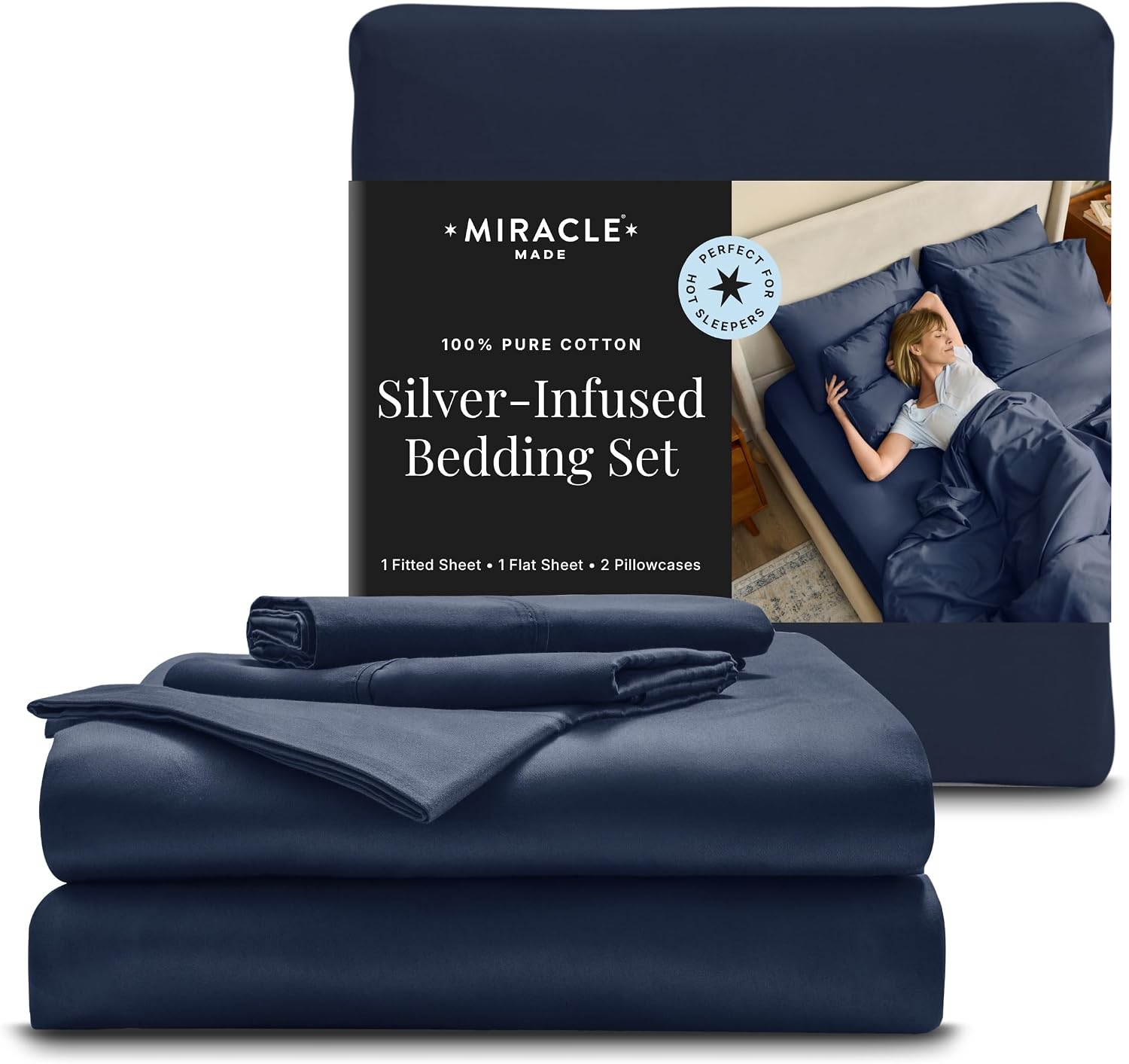 Miracle Made Extra Luxe Soft, Cool-to-the-Touch Cotton Bed Sheet Set, 4-Piece – Silver-Treated, Breathable, Lightweight Bedding – Queen Size, Navy