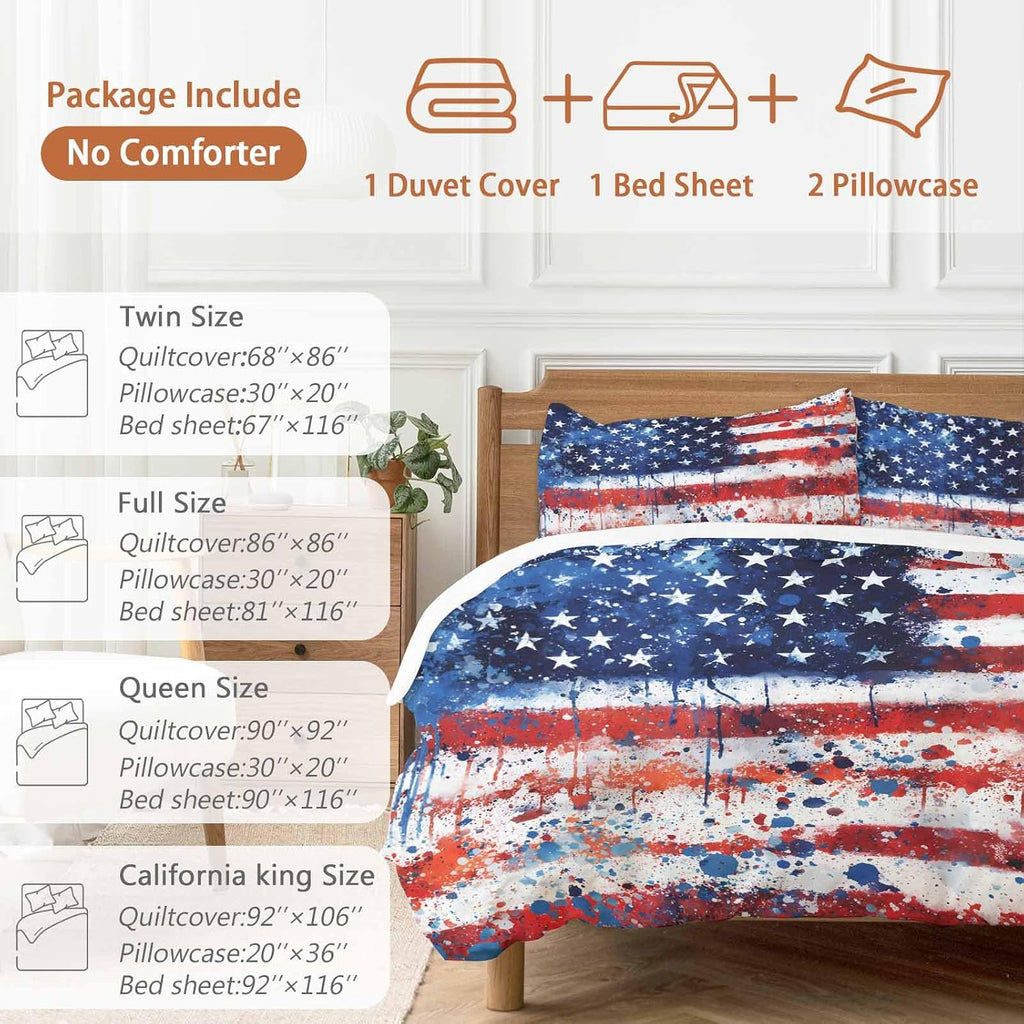 Independence Day Duvet Cover Set Queen Size 4 Pieces Mottled Red Blue White Stars Painted Flag Bedding Set with Zipper Closure, 1 Comforter Cover 90x92 Inches 1 Flat Sheet & 2 Pillow Cases