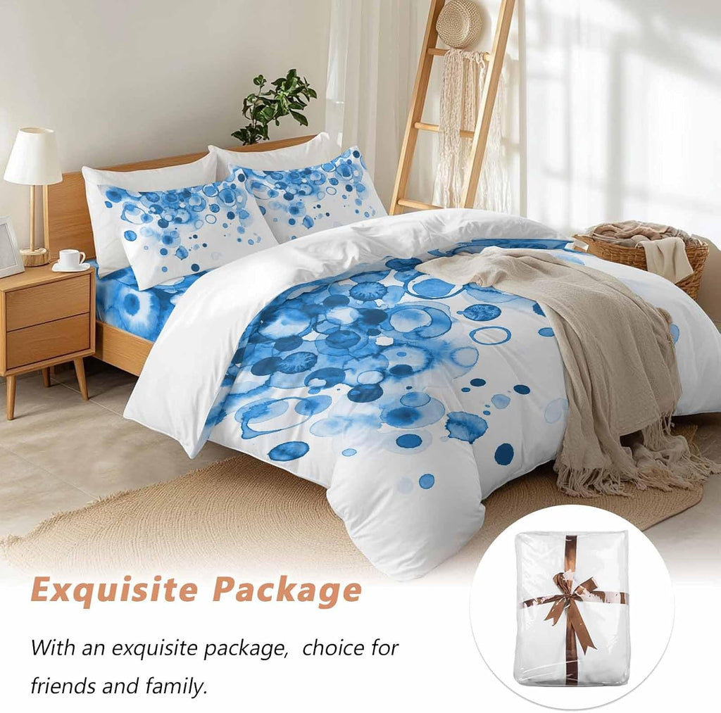 Abstract Duvet Cover Set Queen Size 4 Pieces Blue Gradient Watercolors Ink Points Minimalist Style Bedding Set with Zipper Closure, 1 Comforter Cover 86x86 Inches 1 Flat Sheet & 2 Pillow Cases