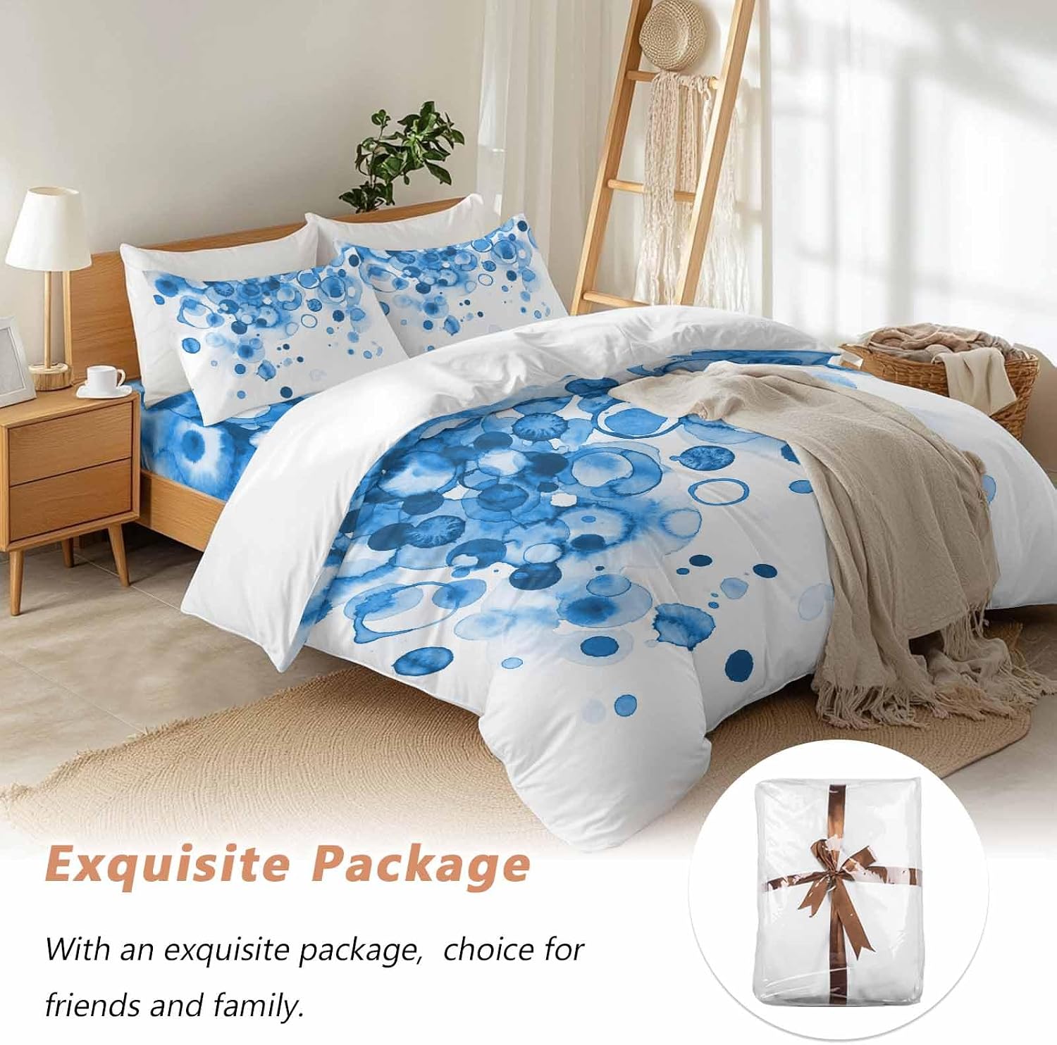 Abstract Duvet Cover Set Queen Size 4 Pieces Blue Gradient Watercolors Ink Points Minimalist Style Bedding Set with Zipper Closure, 1 Comforter Cover 92x106 Inches 1 Flat Sheet & 2 Pillow Cases