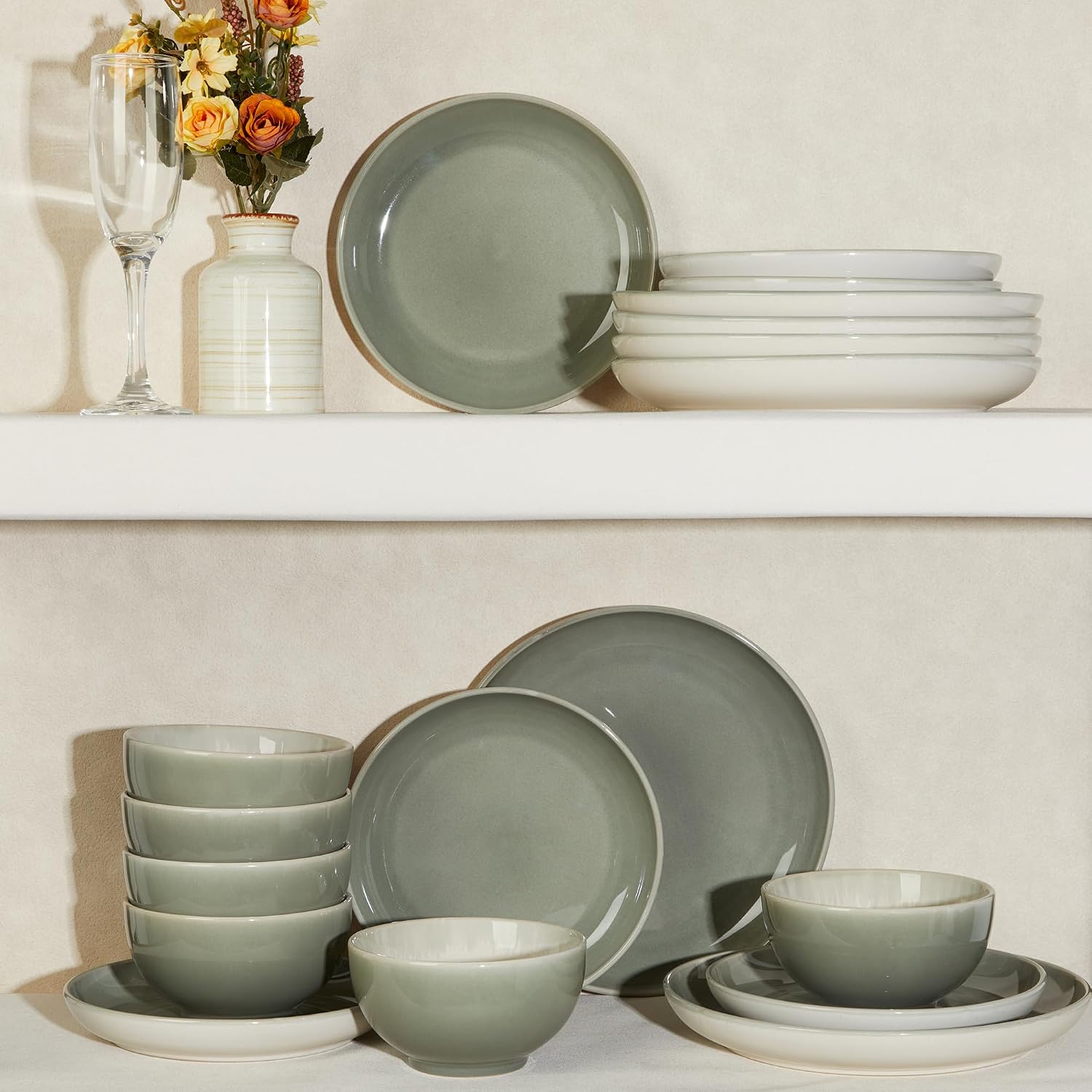 Pokini Plates and Bowls Sets for 8, 24 Piece Dinnerware Set for Large Families & Entertaining, Elegant Design, Dishwasher & Microwave Safe, Chip Resistant and Durable, Gray Green