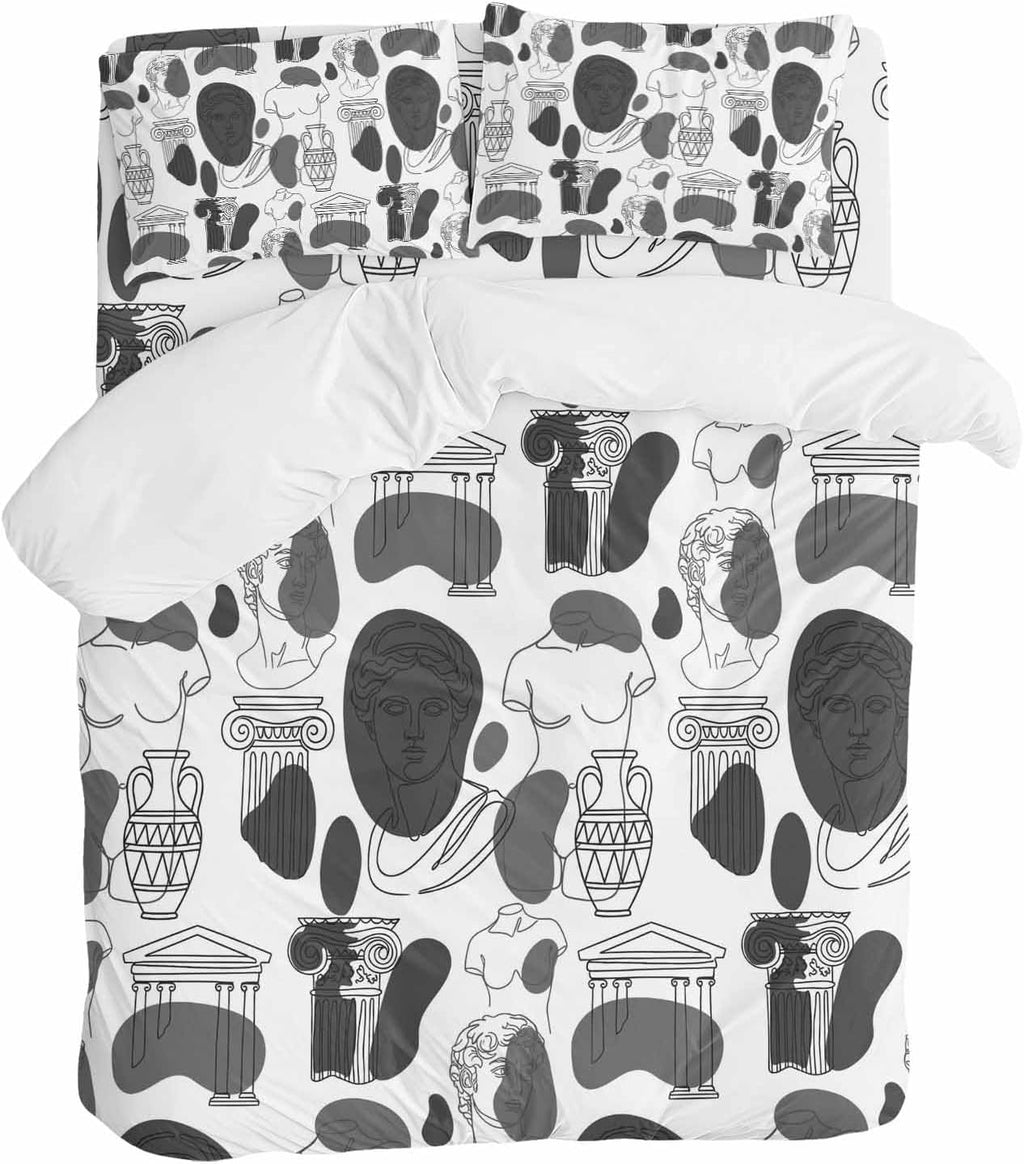 Modern Abstract Duvet Cover Set Queen Size 4 Pieces Grey Classical Ancient Greek Sculptural Heads Bedding Set with Zipper Closure, 1 Comforter Cover 90x92 Inches 1 Flat Sheet & 2 Pillow Cases