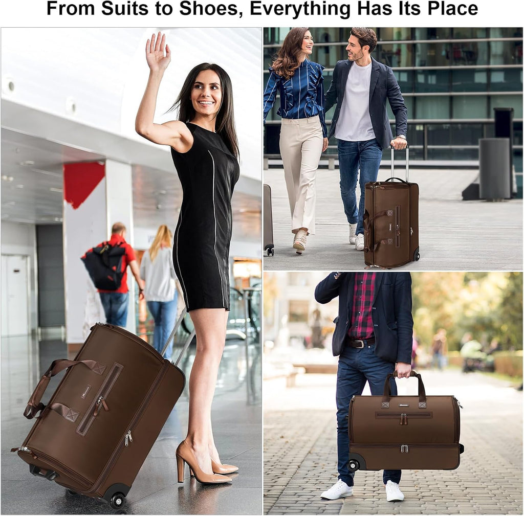 Modoker Convertible Rolling Garment Bag for Travel, Suit Travel Bag with Trolley, Garment Duffel Bag with Wheels & Shoes Compartment for Business Trip, Weekender - Brown