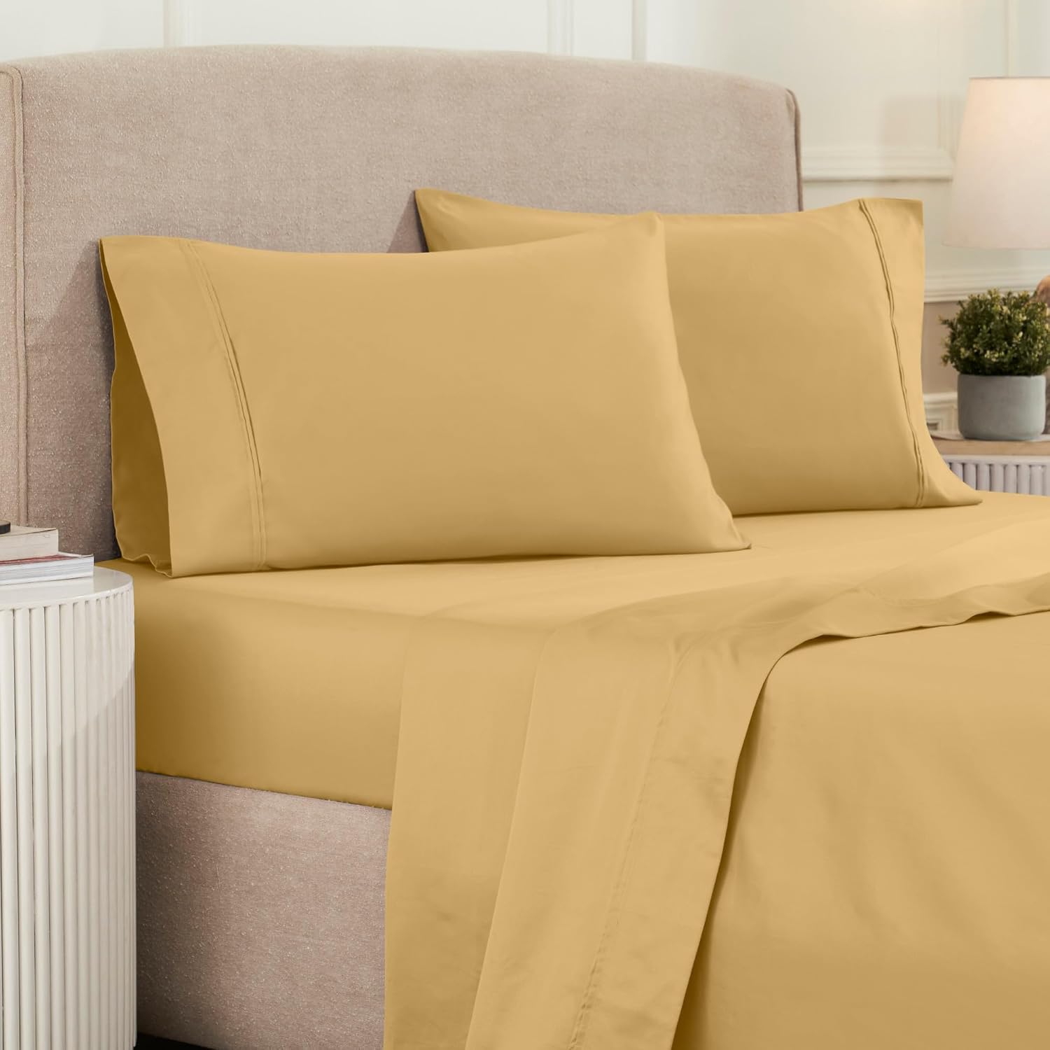Superior 1200 Thread Count Egyptian Cotton Sheet Set, Bedroom Sheets, Modern Home Essentials, Luxury Bedding, 1 Elastic Deep Pocket Fitted Bed Sheet, 1 Flat Sheet, 2 Pillowcases, Queen, Gold