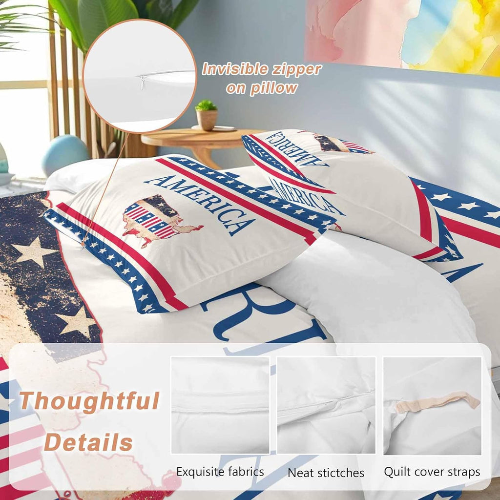 Independence Day Duvet Cover Set Queen Size 4 Pieces American Flag Retro Map Beige Background Red Stripes Bedding Set with Zipper Closure, 1 Comforter Cover 86x86 Inches 1 Flat Sheet & 2 Pillow Cases