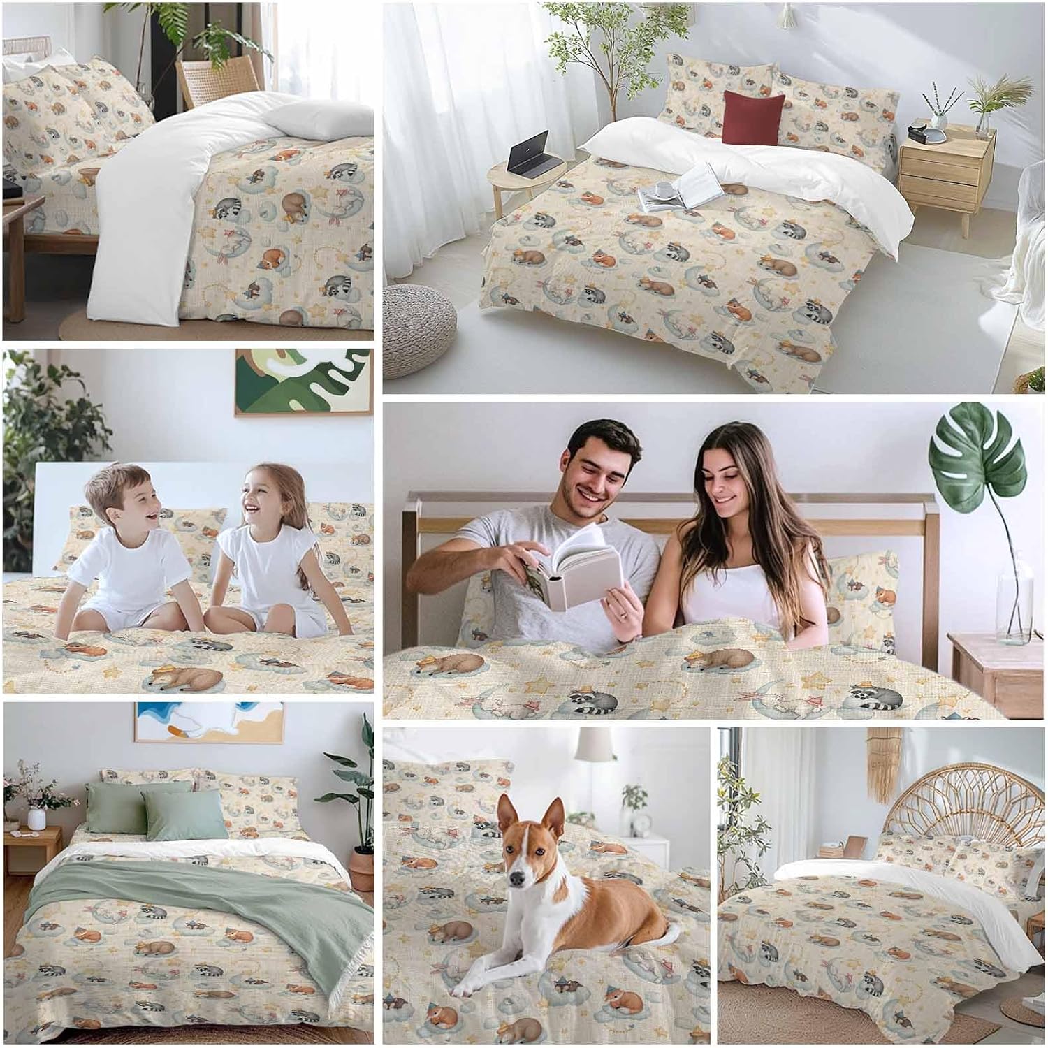 Cartoons Animals Duvet Cover Set Queen Size 4 Pieces Watercolor Fox Sleeping Raccoon Cute Rabbit Bedding Set with Zipper Closure, 1 Comforter Cover 86x86 Inches 1 Flat Sheet & 2 Pillow Cases
