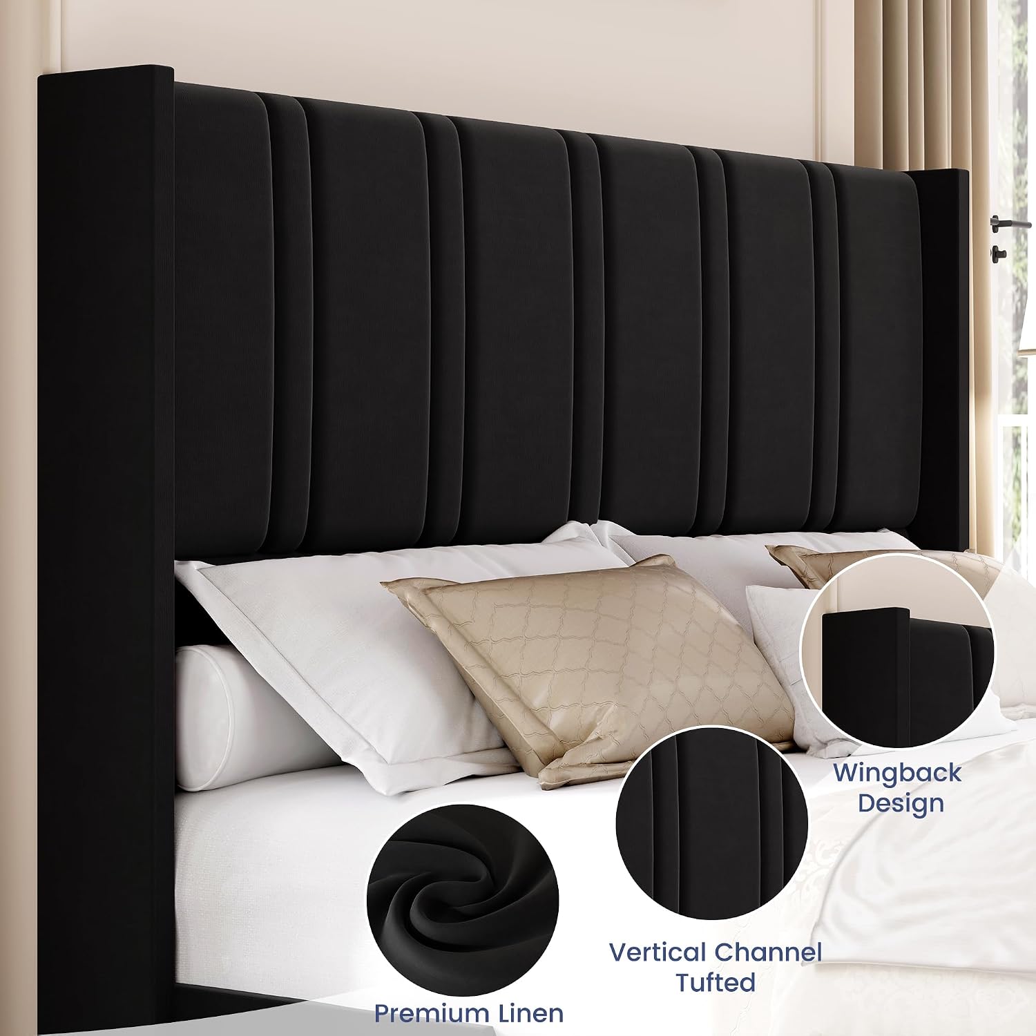 BRELTAM King Size Bed Frame with 4 Storage Drawers Velvet Upholstered Platform Bed with Wingback Headboard, No Box Spring Needed, Easy Assembly, Black