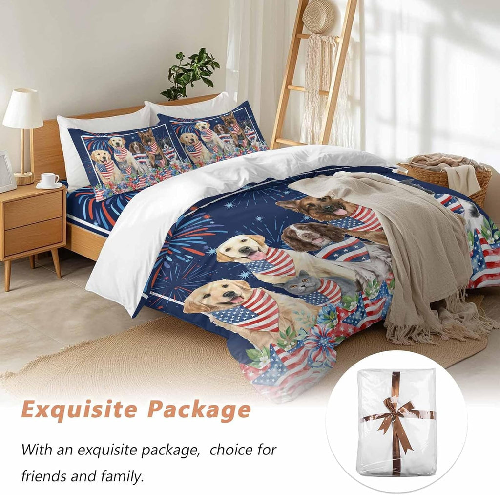 Independence Day Dog Cat Duvet Cover Set Queen Size 4 Pieces Watercolor Red Blue Stripe Star Flag Firework Blue Bedding Set with Zipper Closure,1 Comforter Cover 86x86 Inch 1 Flat Sheet&2 Pillow Cases