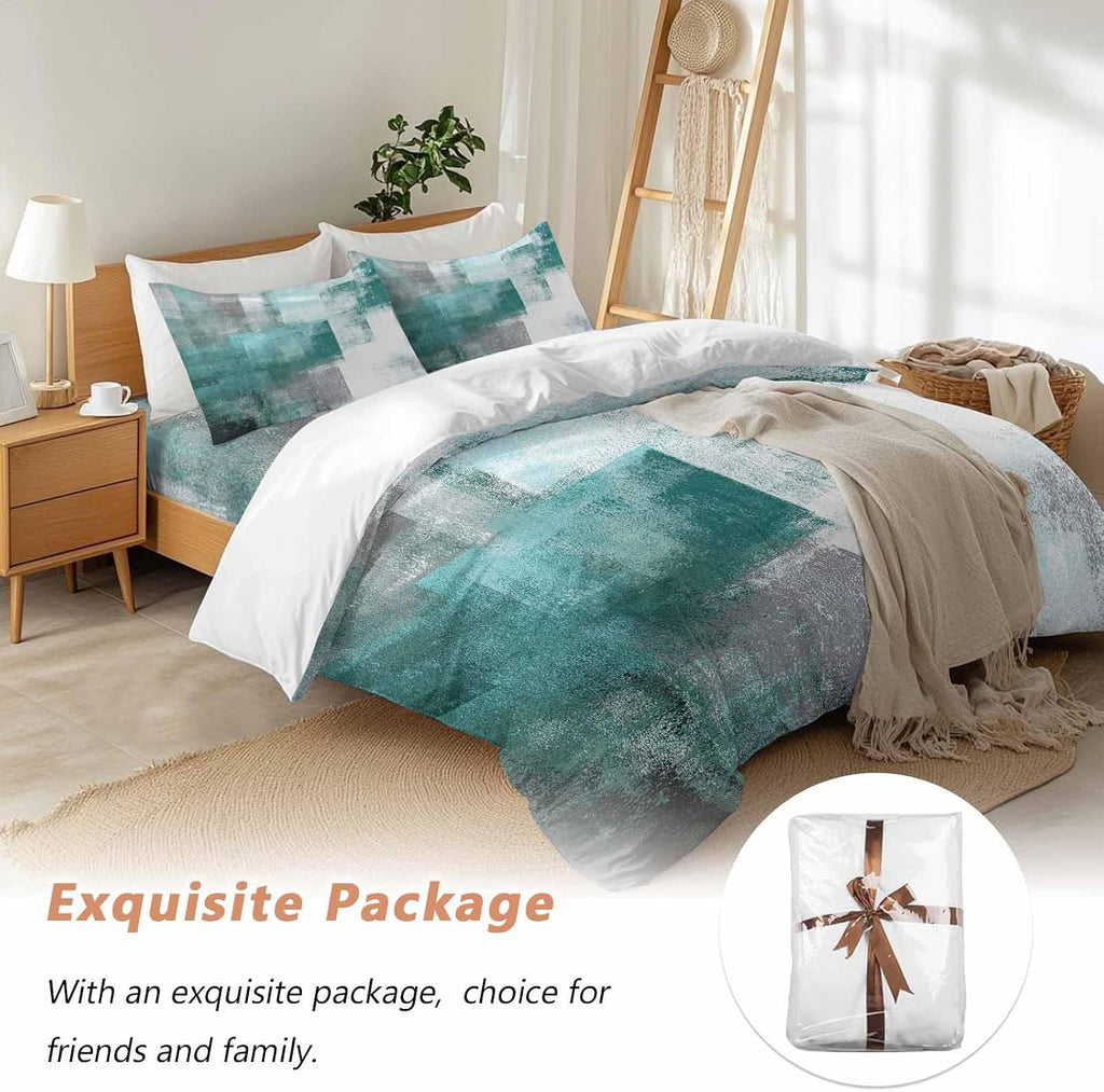 Prime Leader Abstract Art Duvet Cover Set Queen Size 4 Pieces Gradient Turquoise Vintage Minimalist Style Bedding Set with Zipper Closure, 1 Comforter Cover 86x86 Inches 1 Flat Sheet & 2 Pillow Cases