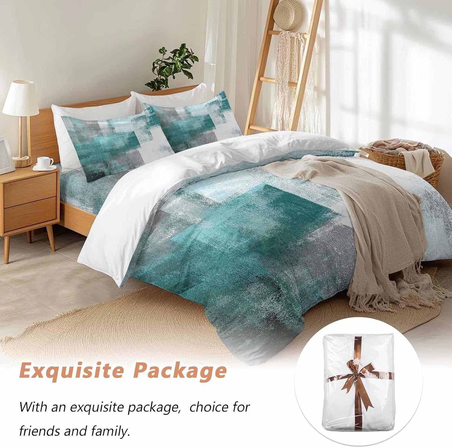 Prime Leader Abstract Art Duvet Cover Set Queen Size 4 Pieces Gradient Turquoise Vintage Minimalist Style Bedding Set with Zipper Closure, 1 Comforter Cover 86x86 Inches 1 Flat Sheet & 2 Pillow Cases