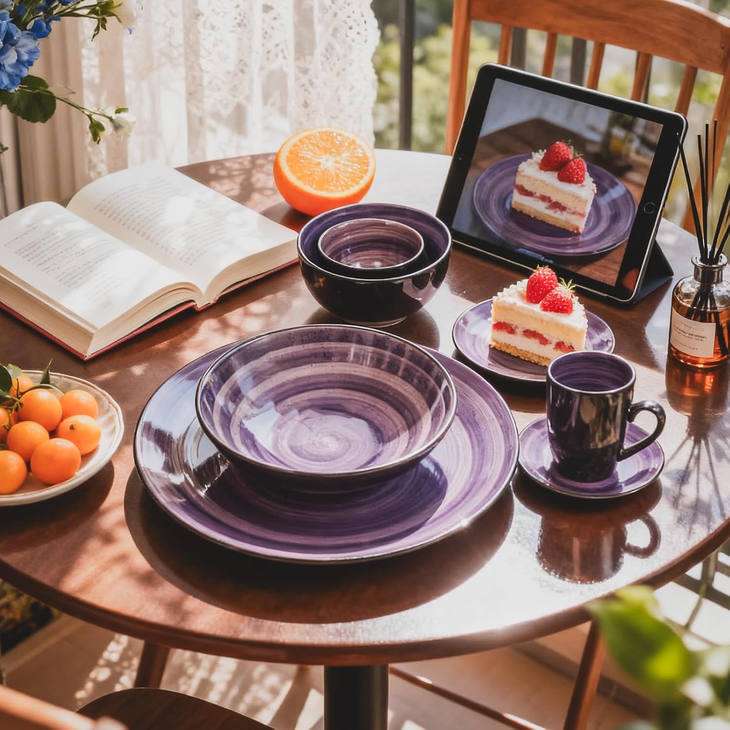 Stoneware Sonoma 56pc Dinnerware Set, Black + Speckled Spin Wash Purple