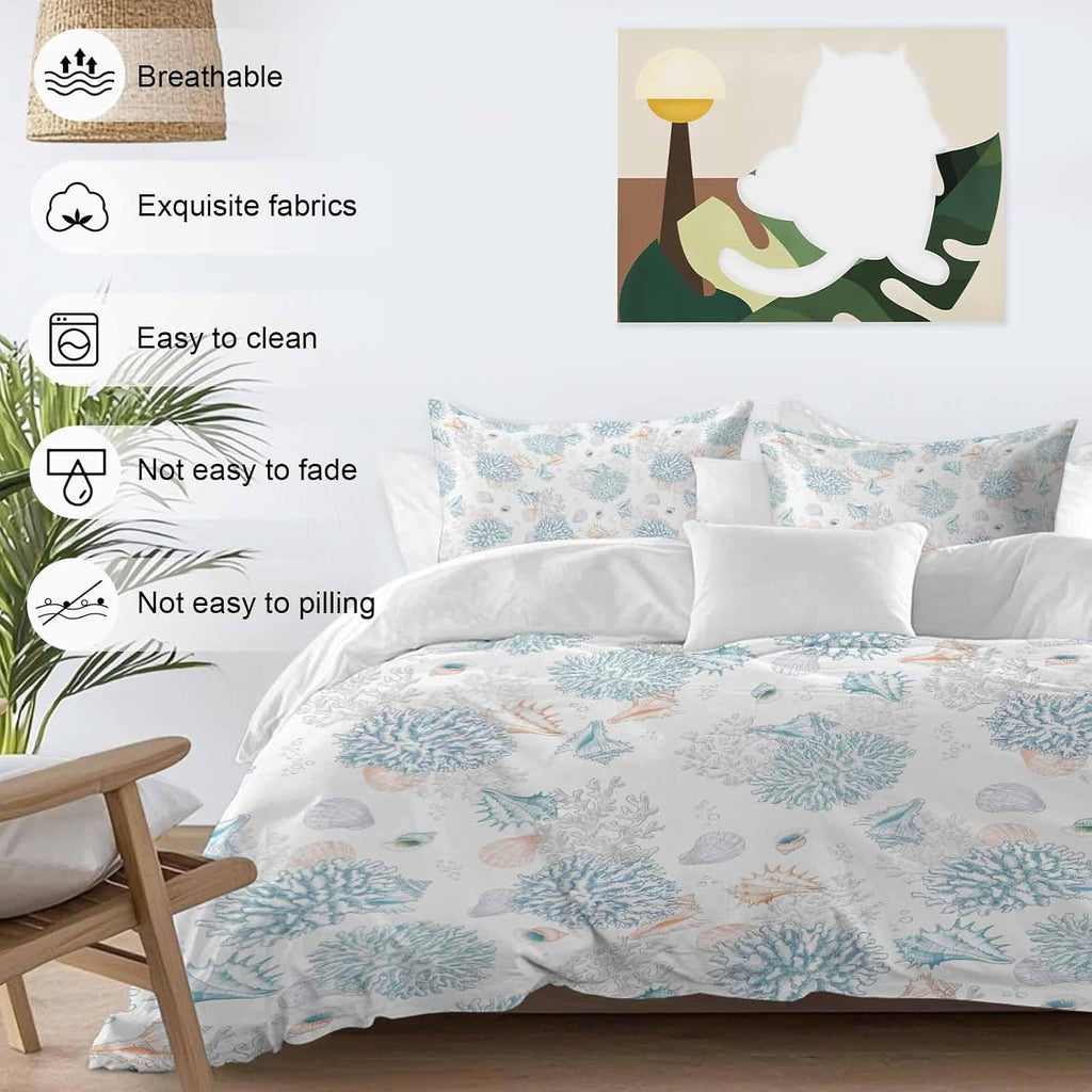 Summer Marine Life Duvet Cover Set Queen Size 4 Pieces Ocean Blue Coral Shells Coastal Conch Bedding Set with Zipper Closure, 1 Comforter Cover 92x106 Inches 1 Flat Sheet & 2 Pillow Cases