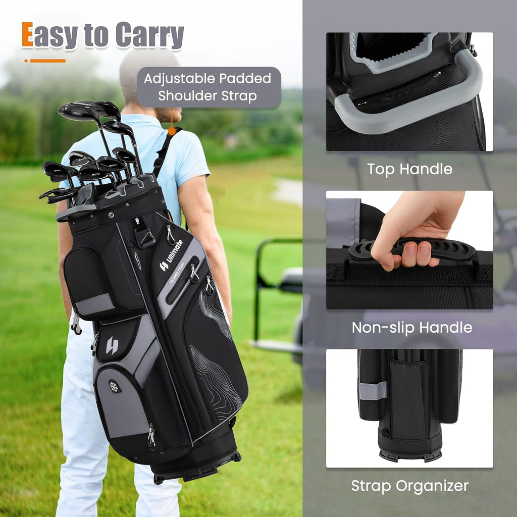 ULTIMATE 14-Way Golf Cart Bag, Golf Bag w/Molded Lock Top & Full Length Dividers, Portable Golf Club Bag w/11 Pockets, Cooler Bag, Padded Strap & Rain Hood for Men Women