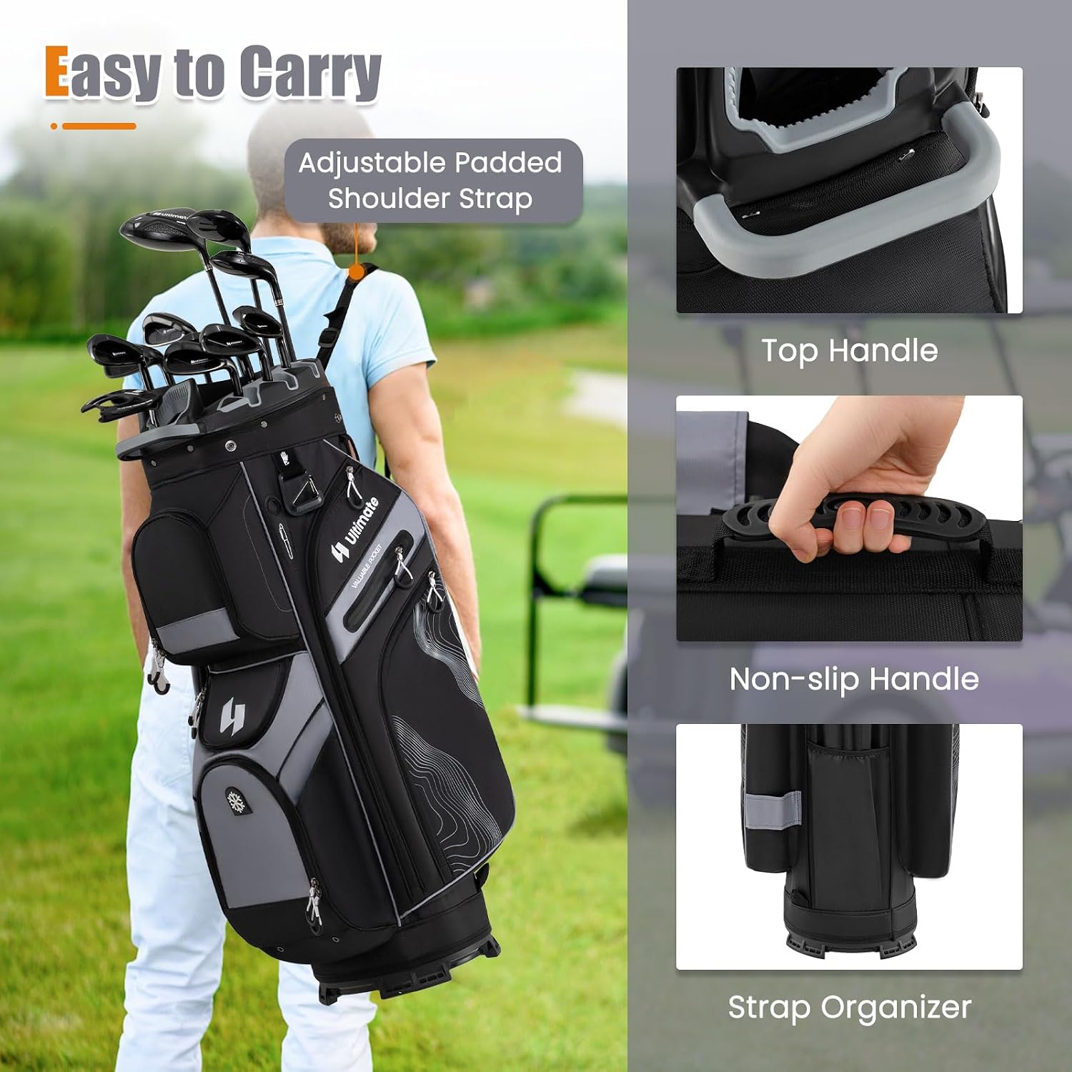 ULTIMATE 14-Way Golf Cart Bag, Golf Bag w/Molded Lock Top & Full Length Dividers, Portable Golf Club Bag w/11 Pockets, Cooler Bag, Padded Strap & Rain Hood for Men Women