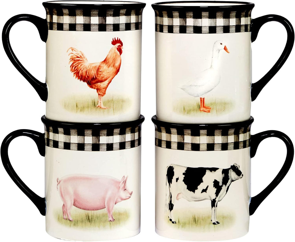 On the Farm 16-Piece Dinnerware Set – Country Farmhouse Plates, Bowls & Mugs for 4 – Ceramic Dinnerware Featuring Cow, Pig, Rooster, Duck & Gingham Design – Rustic Kitchen Tableware