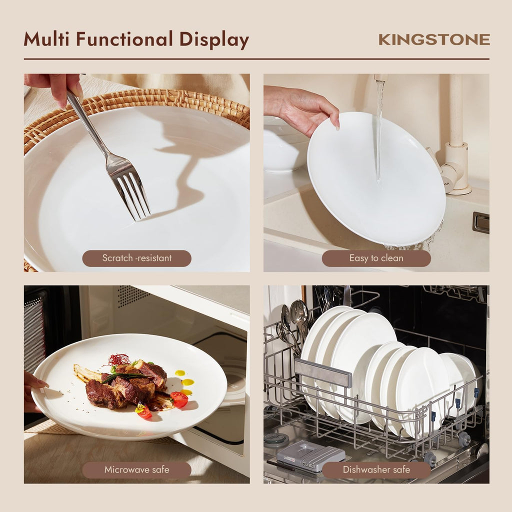 KINGSTONE 12-Piece Bone China Dinnerware Set with 20-Piece flatware, Ivory White Lightweight Porcelain Service for 4, for Family Dining, Restaurants, Gifting, Microwave and Dishwasher Safe