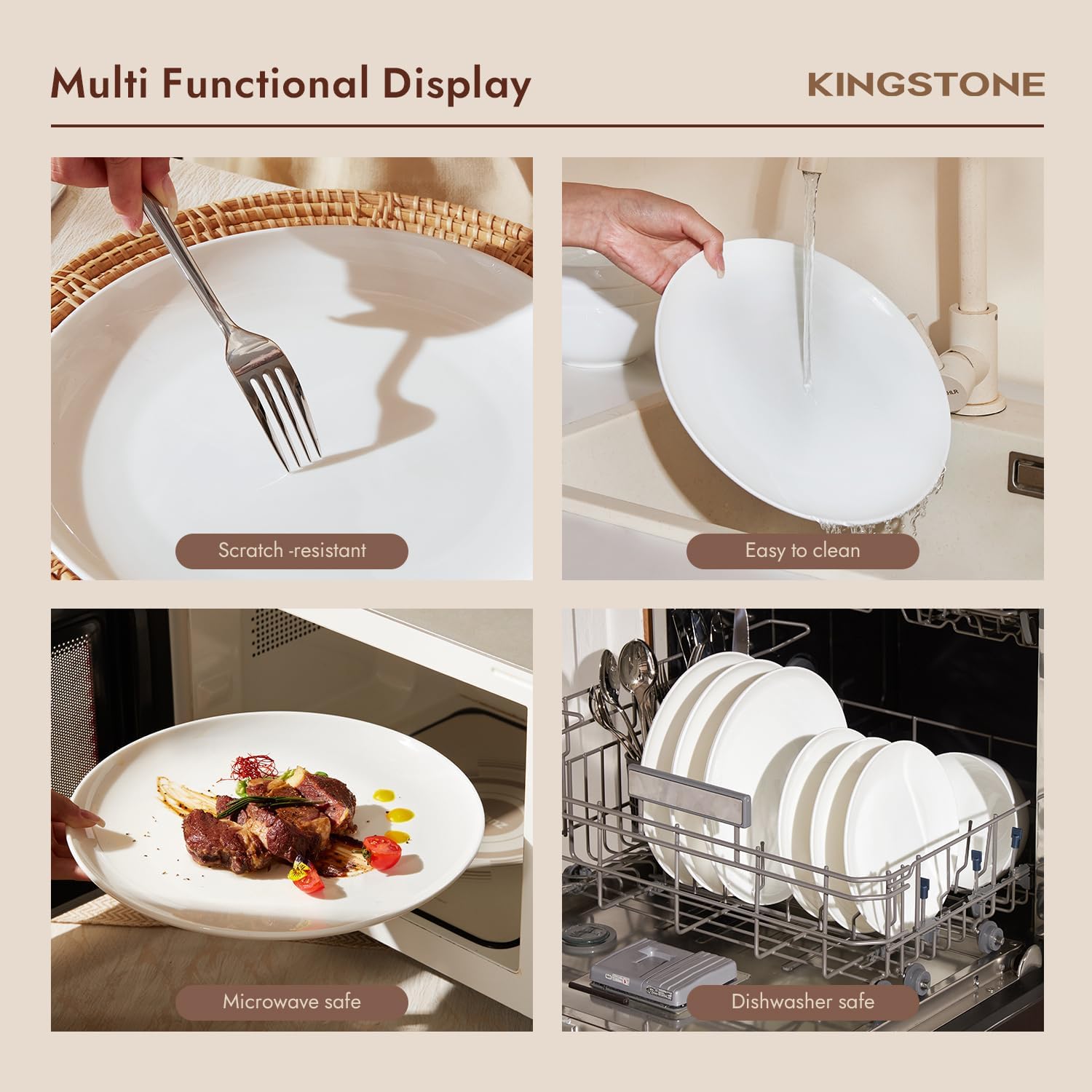 KINGSTONE 12-Piece Bone China Dinnerware Set with 20-Piece flatware, Ivory White Lightweight Porcelain Service for 4, for Family Dining, Restaurants, Gifting, Microwave and Dishwasher Safe