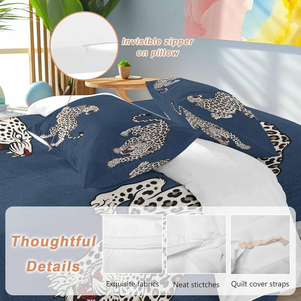 Navy Blue Leopard Duvet Cover Set Queen Size 4 Pieces Modern Style Wild Animal Rustic Linen Texture Bedding Set with Zipper Closure, 1 Comforter Cover 90x92 Inches 1 Flat Sheet & 2 Pillow Cases