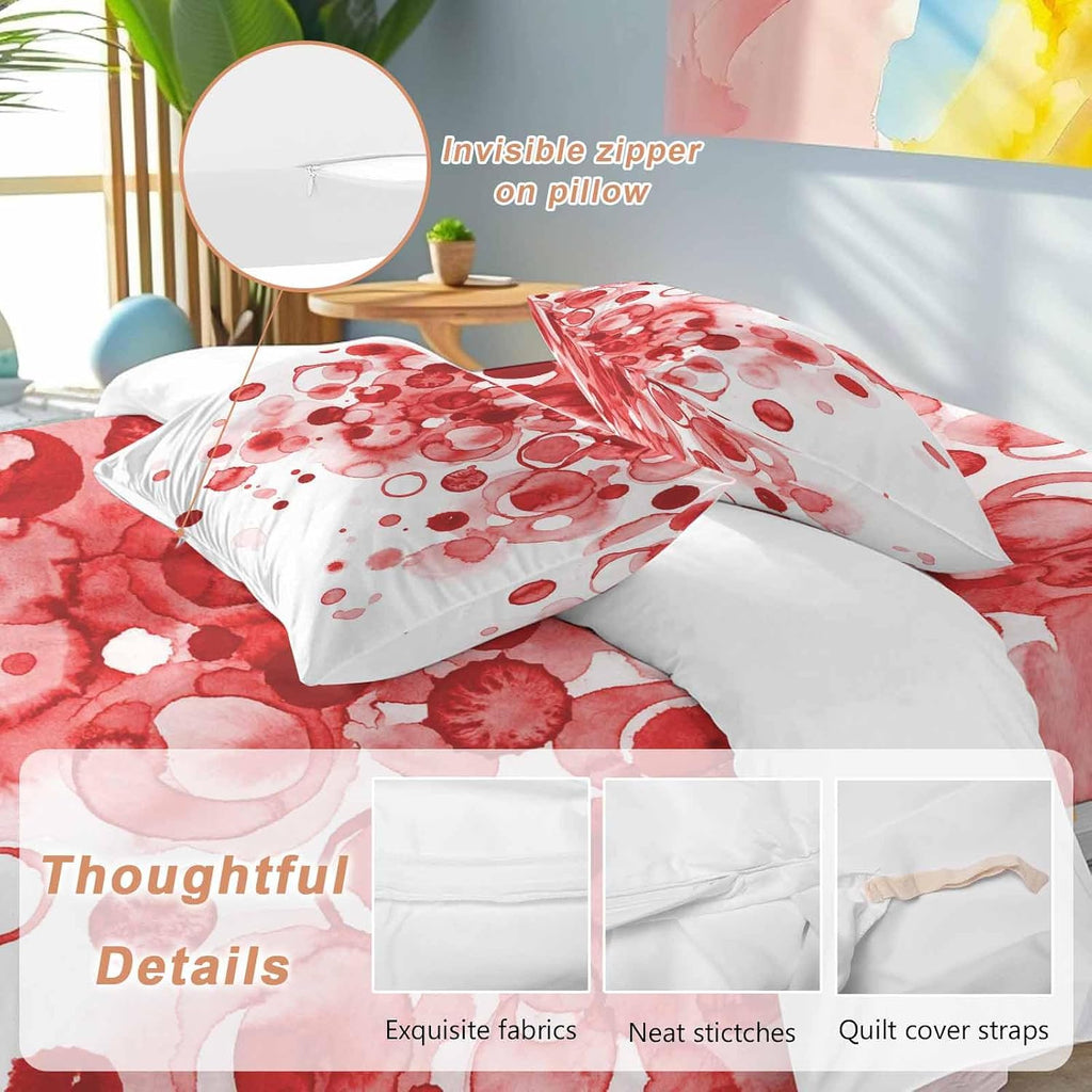 Abstract Duvet Cover Set Queen Size 4 Pieces Red Gradient Watercolors Ink Points Minimalist Style Bedding Set with Zipper Closure, 1 Comforter Cover 86x86 Inches 1 Flat Sheet & 2 Pillow Cases